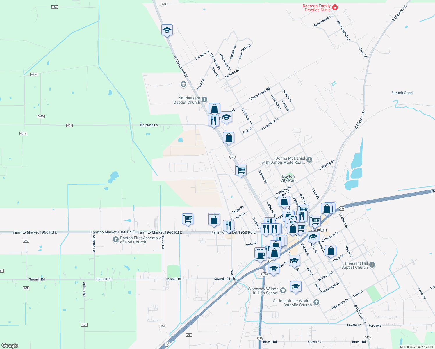 map of restaurants, bars, coffee shops, grocery stores, and more near 1346 Waco St in Dayton
