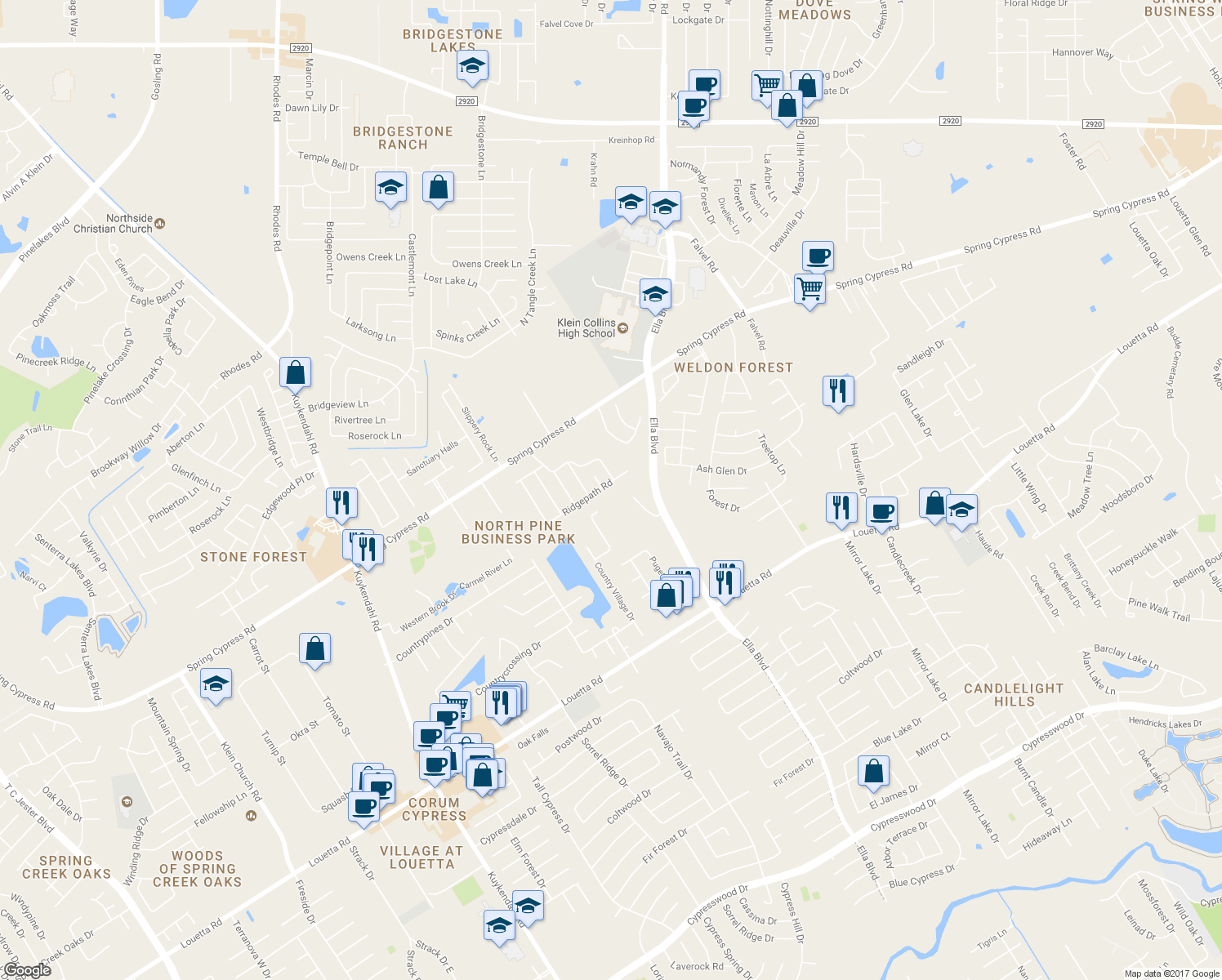 map of restaurants, bars, coffee shops, grocery stores, and more near 4019 Ridgepath Road in Spring