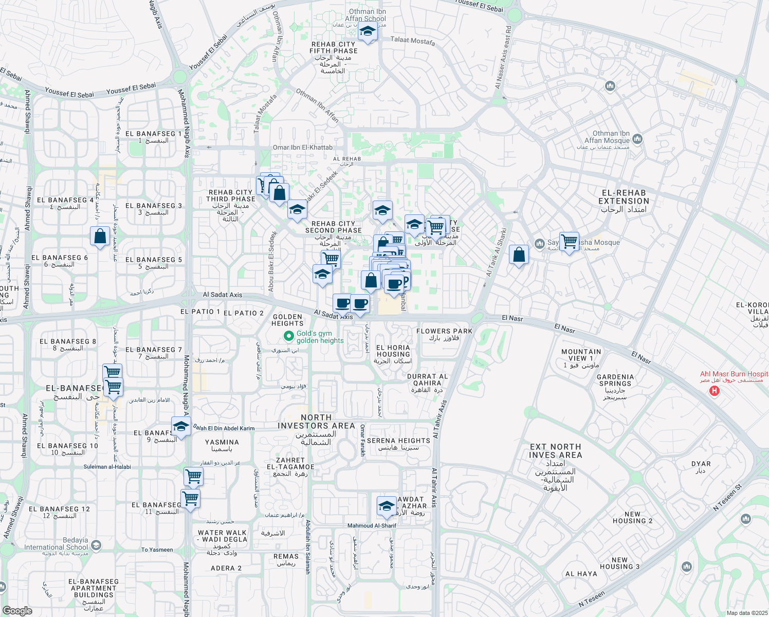 map of restaurants, bars, coffee shops, grocery stores, and more near Al Sadat Axis in Second New Cairo