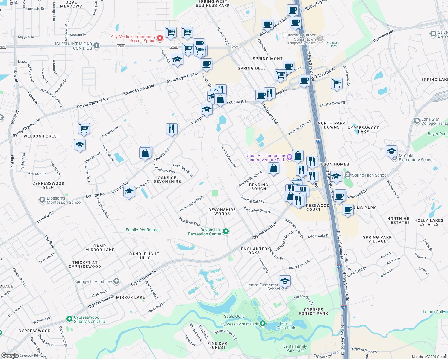 map of restaurants, bars, coffee shops, grocery stores, and more near 19918 Teller Boulevard in Spring