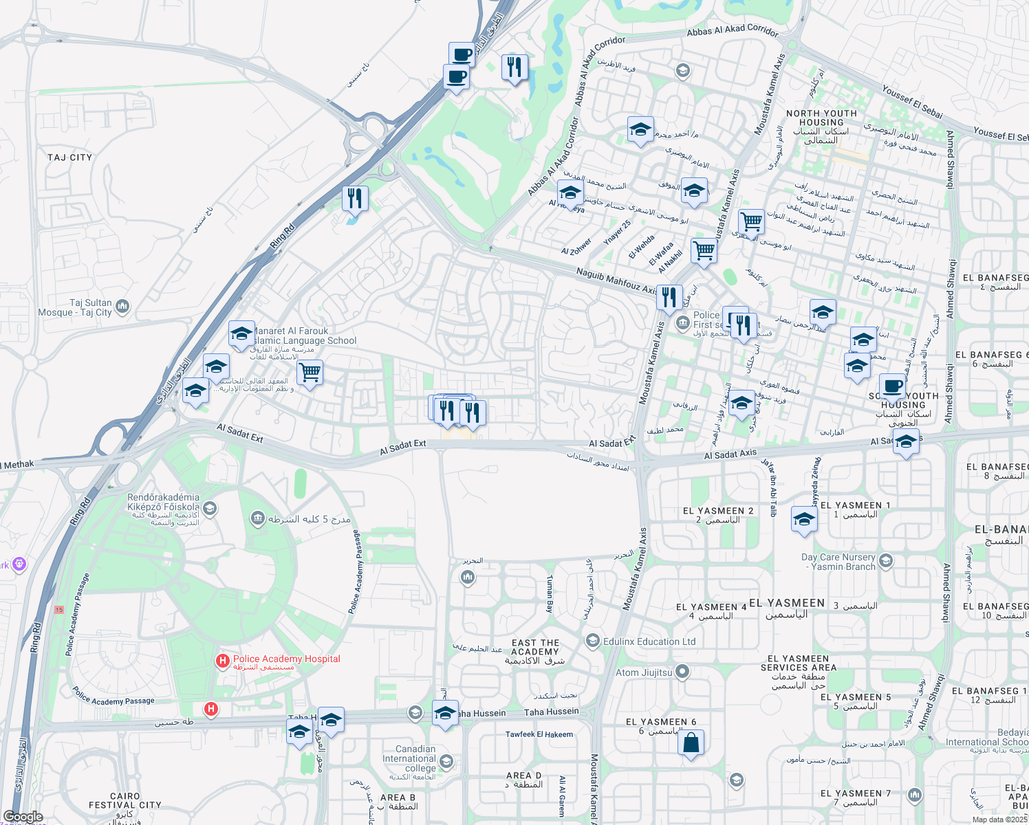 map of restaurants, bars, coffee shops, grocery stores, and more near in Second New Cairo
