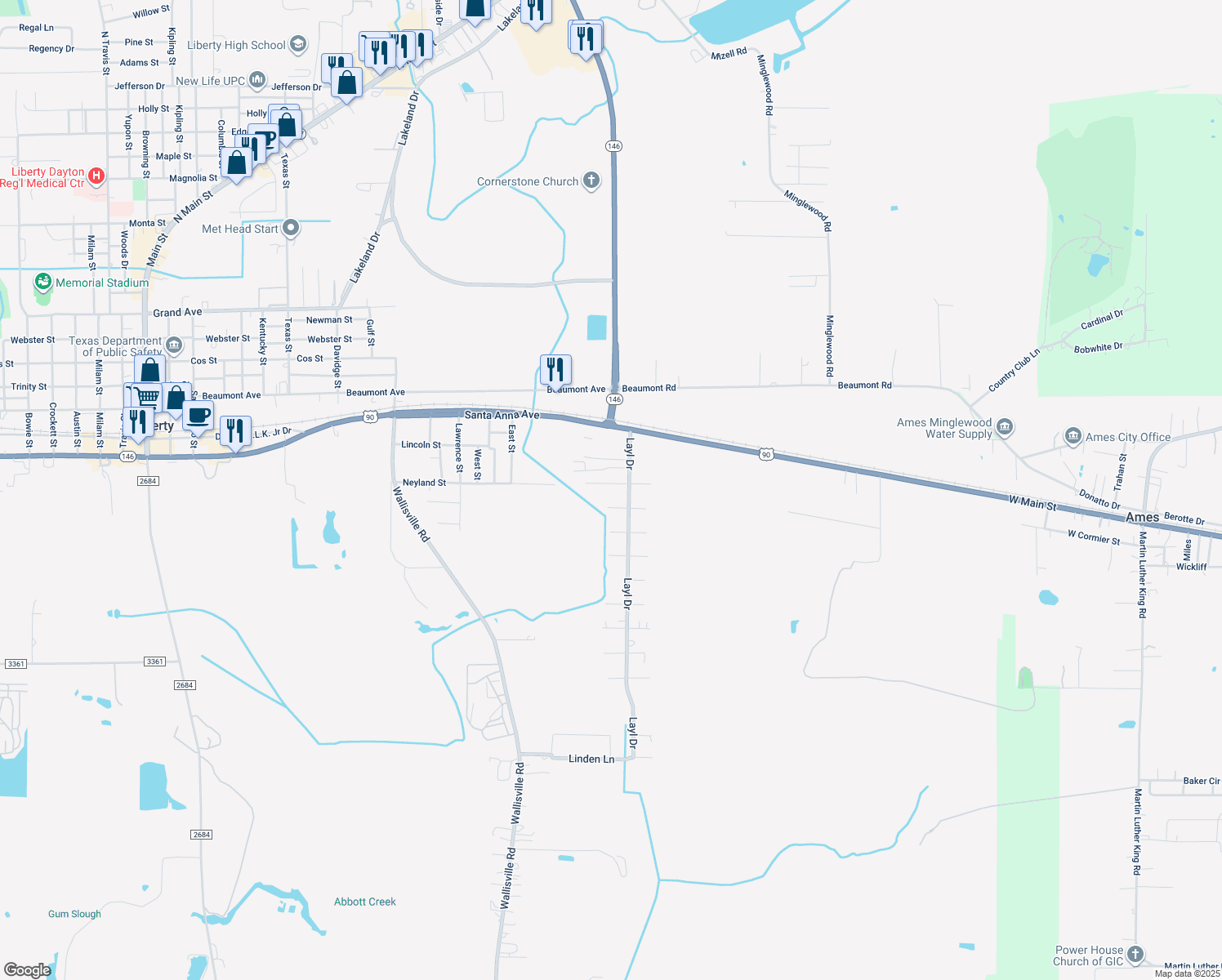 map of restaurants, bars, coffee shops, grocery stores, and more near 104 Avenue B in Liberty
