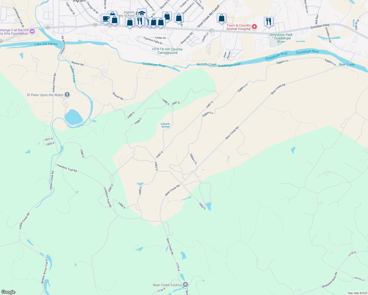 map of restaurants, bars, coffee shops, grocery stores, and more near 1055 Bear Creek Road in Kerrville