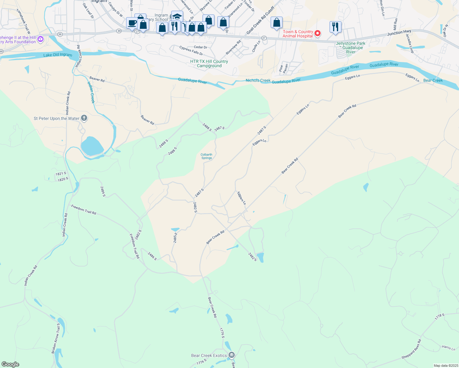 map of restaurants, bars, coffee shops, grocery stores, and more near 1055 Bear Creek Road in Kerrville