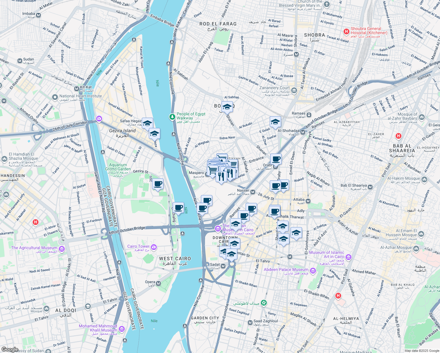 map of restaurants, bars, coffee shops, grocery stores, and more near 79 Nasr El-Deen El-Shaikh in Bulaq