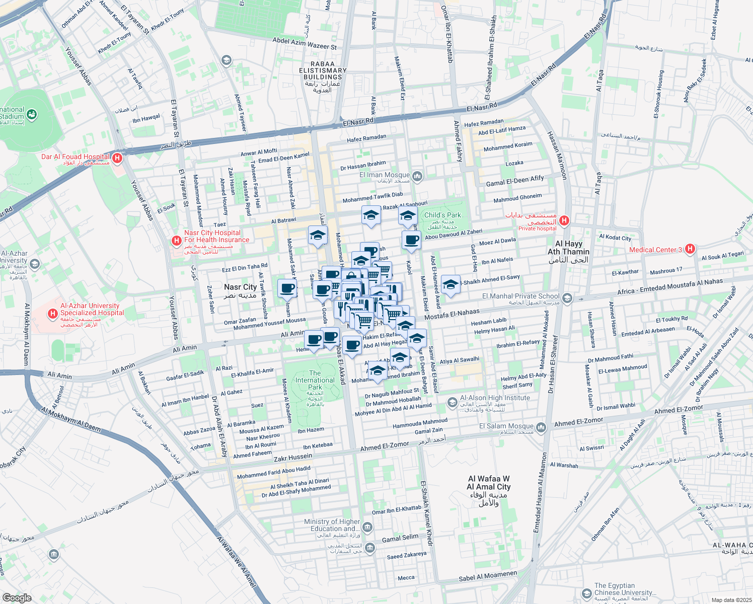 map of restaurants, bars, coffee shops, grocery stores, and more near Abbas El-Akkad in Nasr City