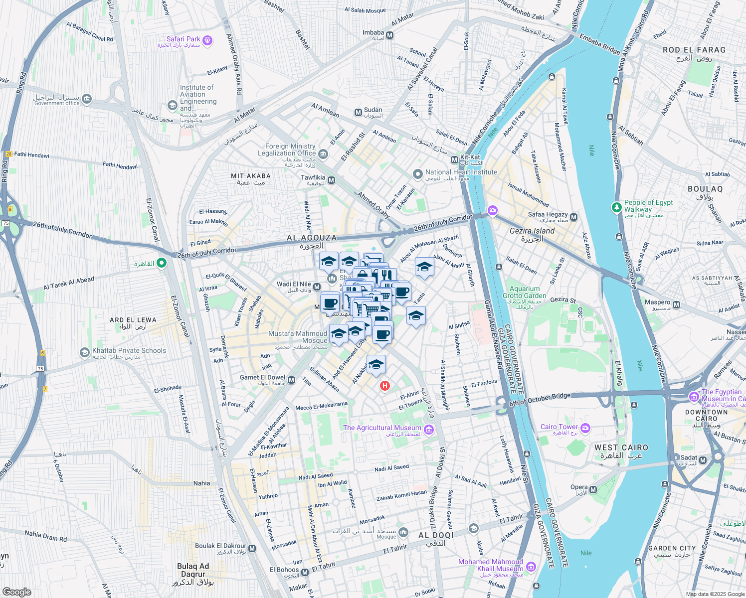 map of restaurants, bars, coffee shops, grocery stores, and more near El-Batal Ahmed Abd El-Aziz in Agouza