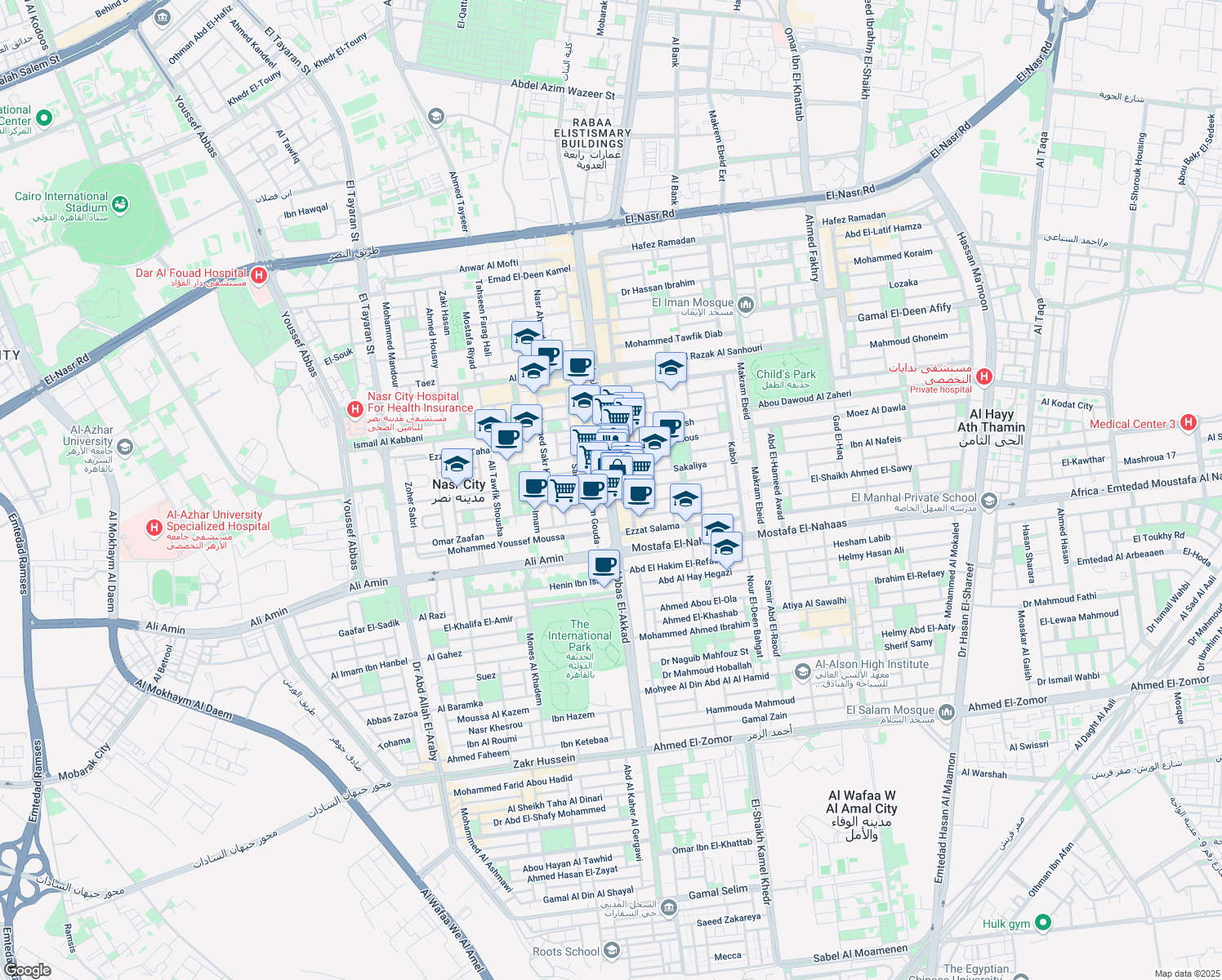 map of restaurants, bars, coffee shops, grocery stores, and more near Abbas El-Akkad in Nasr City