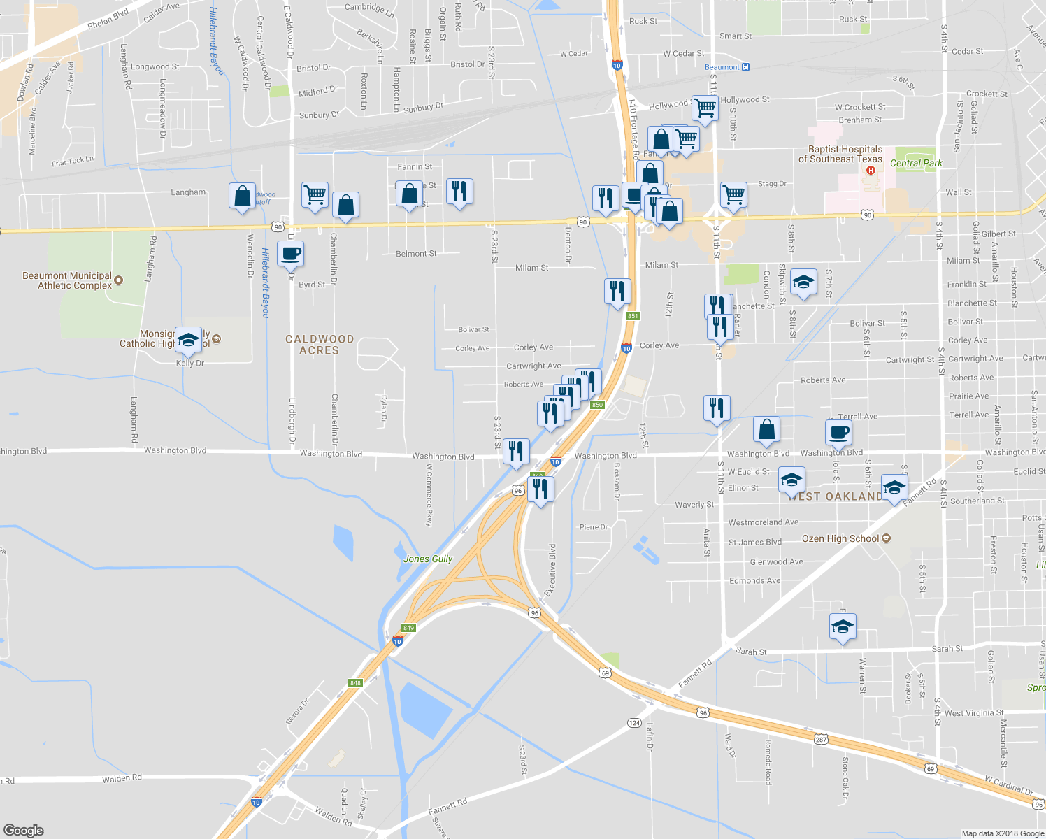 map of restaurants, bars, coffee shops, grocery stores, and more near 1575 South 23rd Street in Beaumont