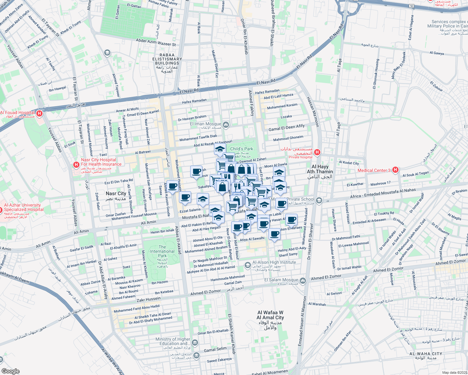 map of restaurants, bars, coffee shops, grocery stores, and more near Makram Ebeid in Nasr City