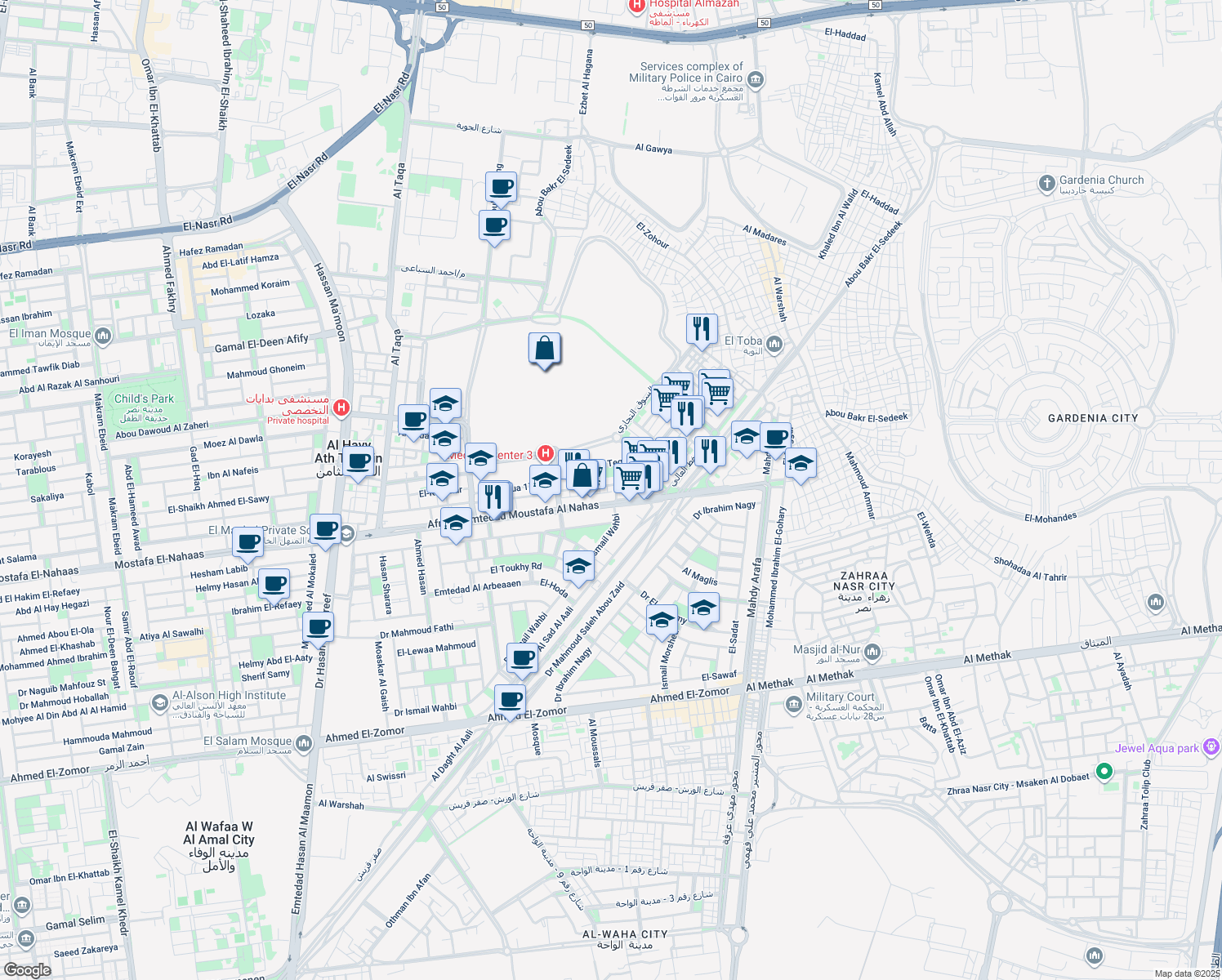 map of restaurants, bars, coffee shops, grocery stores, and more near in Nasr City