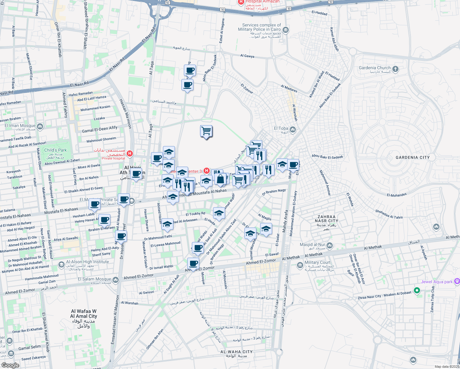 map of restaurants, bars, coffee shops, grocery stores, and more near Mostafa El-Nahaas in Nasr City