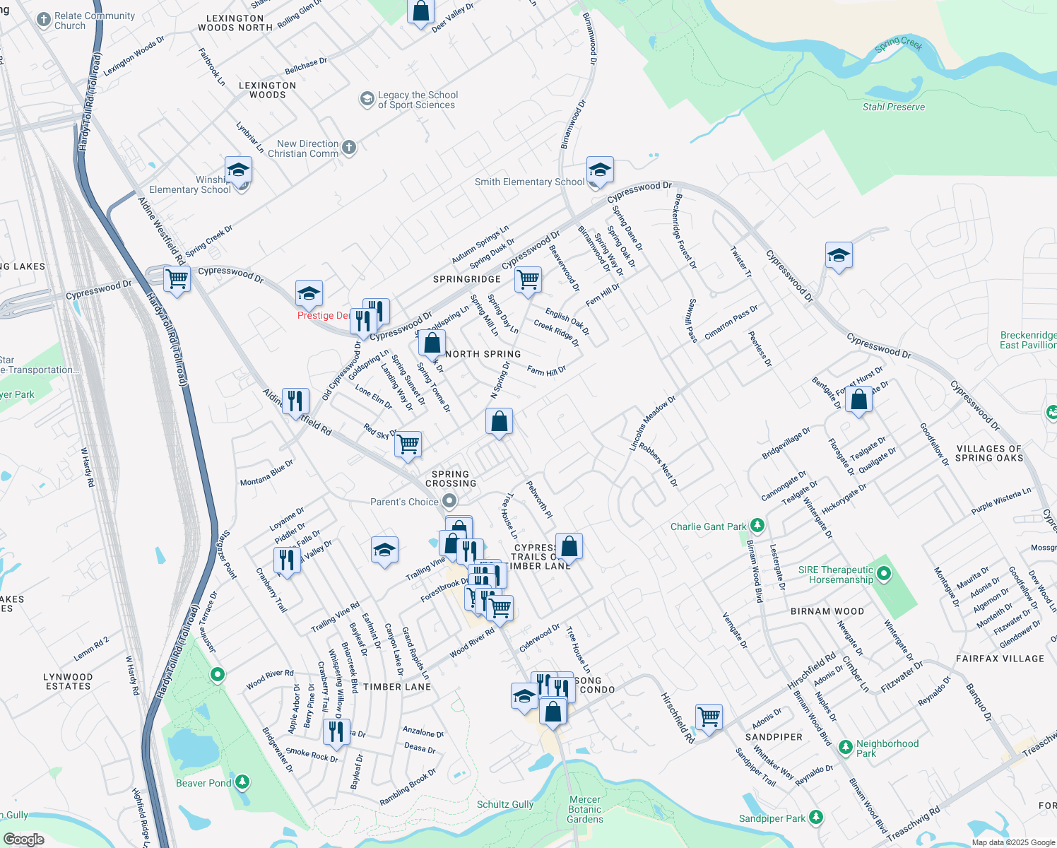 map of restaurants, bars, coffee shops, grocery stores, and more near 3328 Otto Road in Spring
