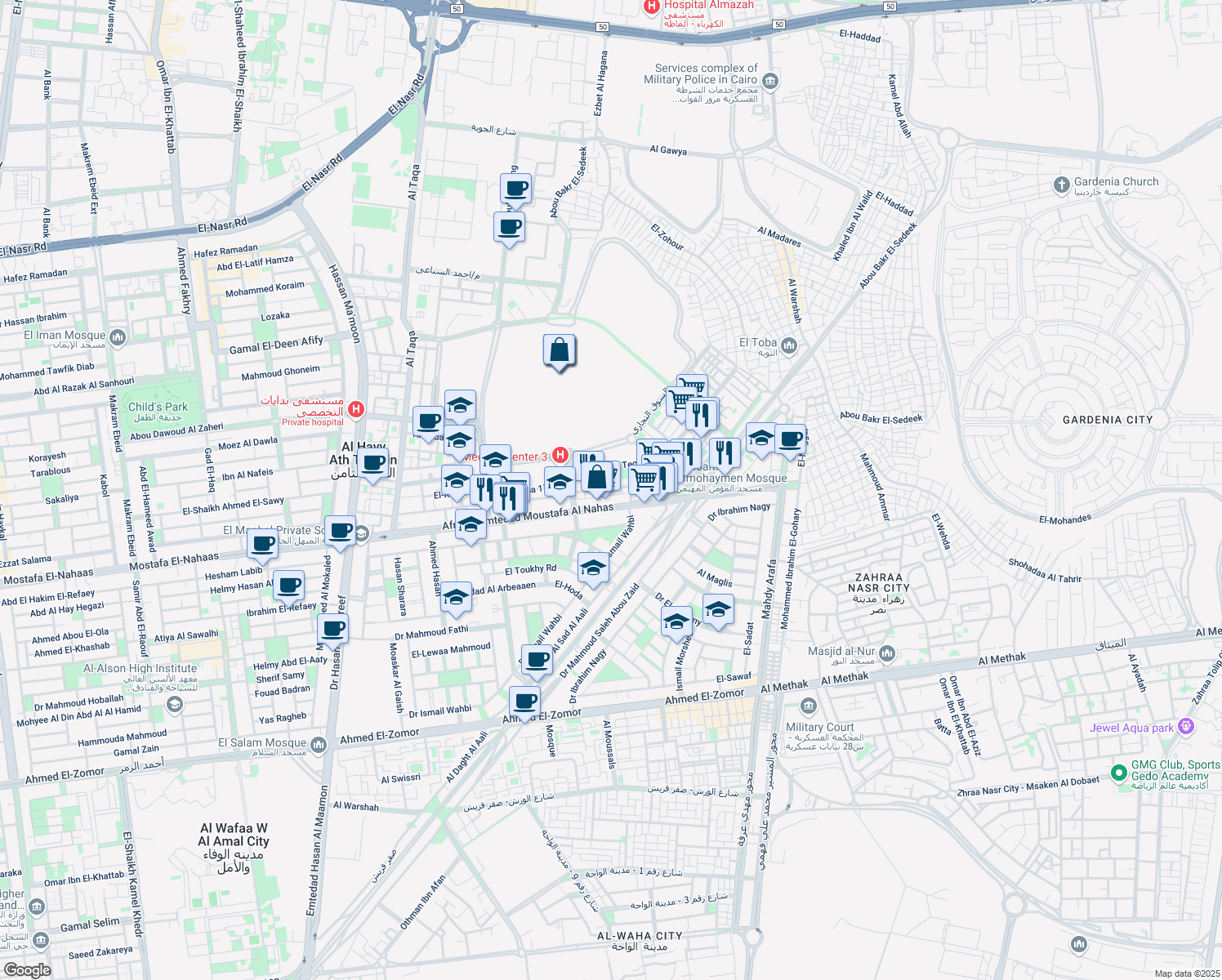 map of restaurants, bars, coffee shops, grocery stores, and more near Mostafa El-Nahaas in Nasr City