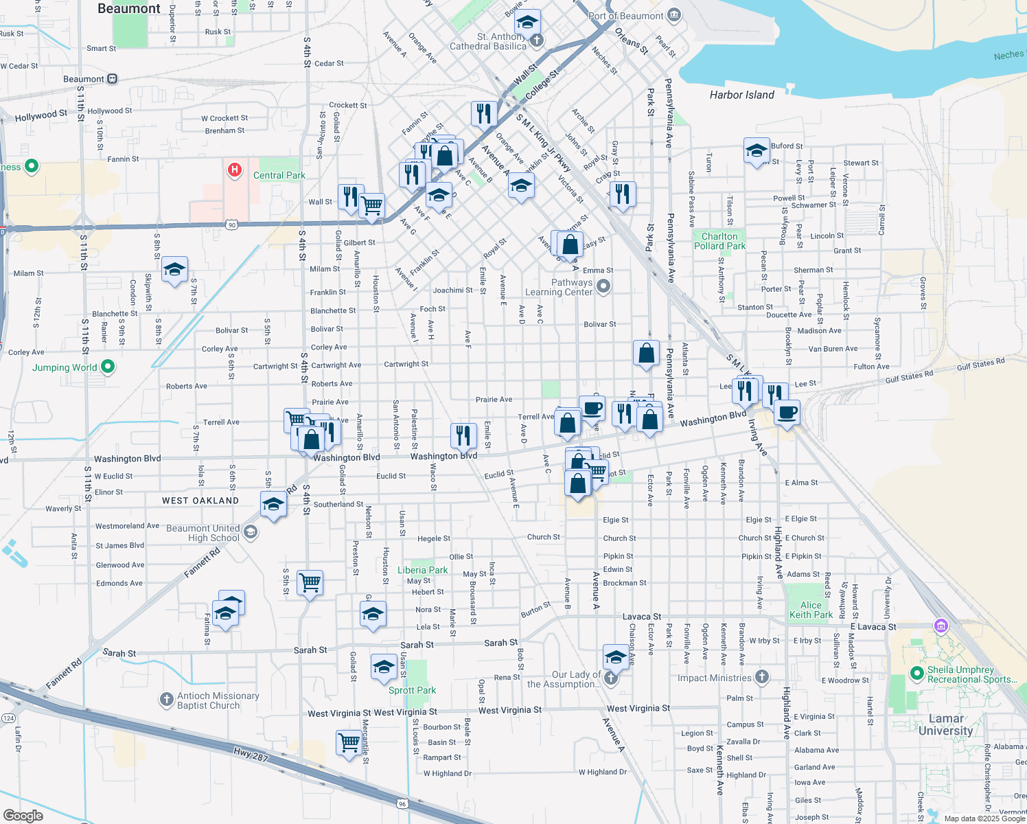 map of restaurants, bars, coffee shops, grocery stores, and more near 1760 Terrell Avenue in Beaumont