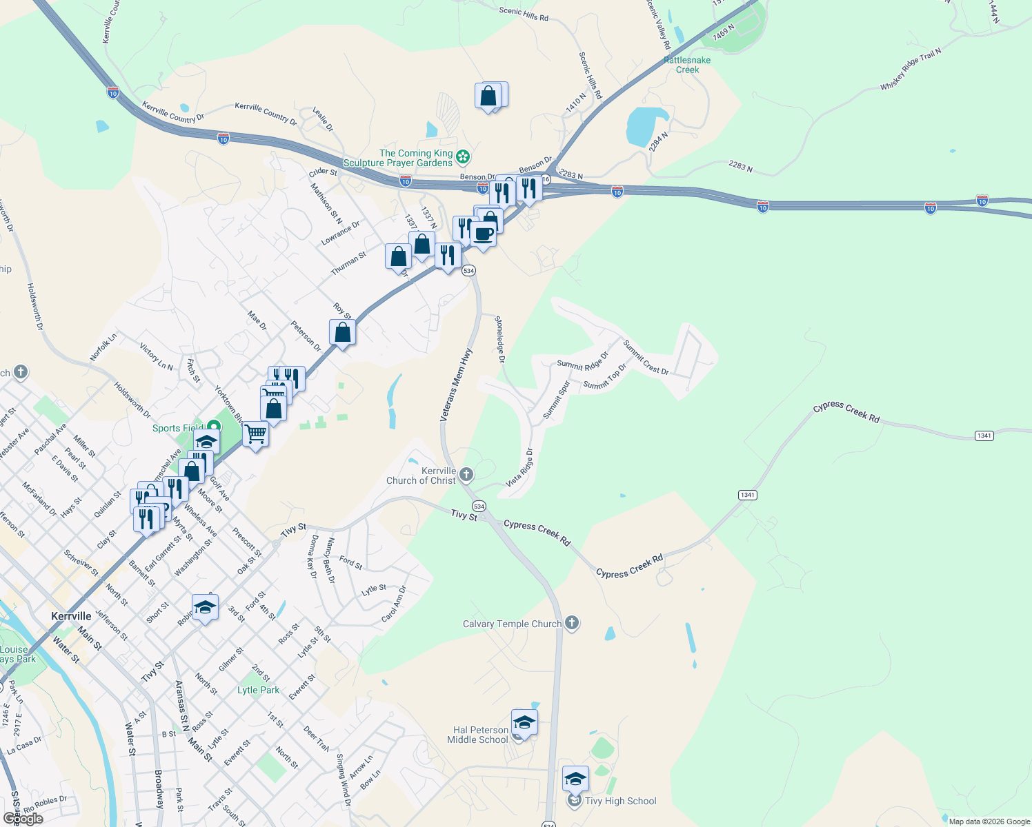 map of restaurants, bars, coffee shops, grocery stores, and more near 2102 Vista Ridge Drive in Kerrville