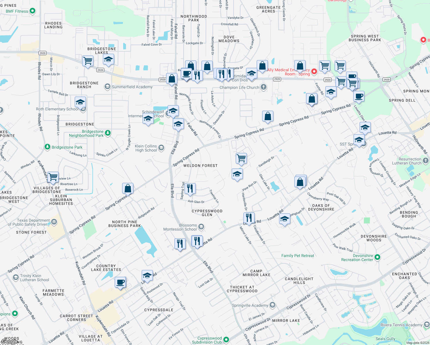 map of restaurants, bars, coffee shops, grocery stores, and more near 3411 Hackberry Court in Spring
