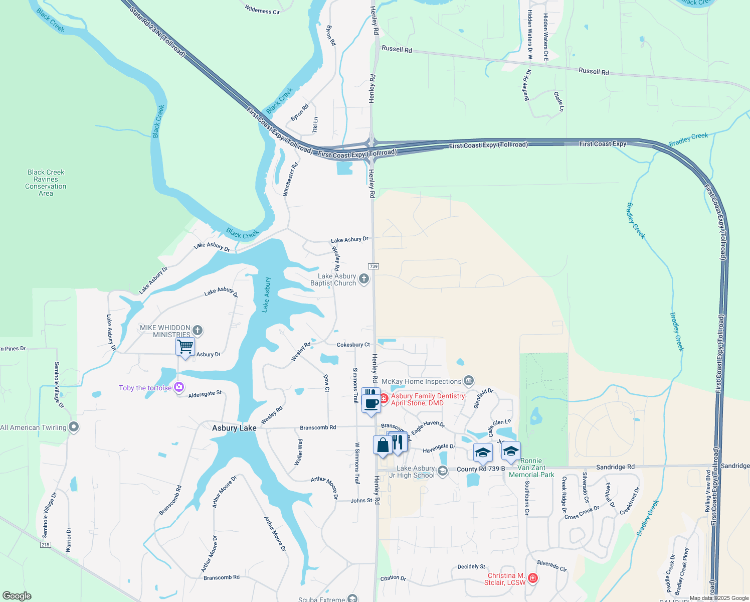 map of restaurants, bars, coffee shops, grocery stores, and more near 2723 Henley Road in Green Cove Springs