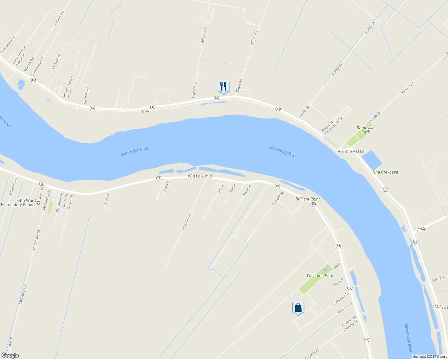 map of restaurants, bars, coffee shops, grocery stores, and more near 8249 Louisiana 18 in Saint James