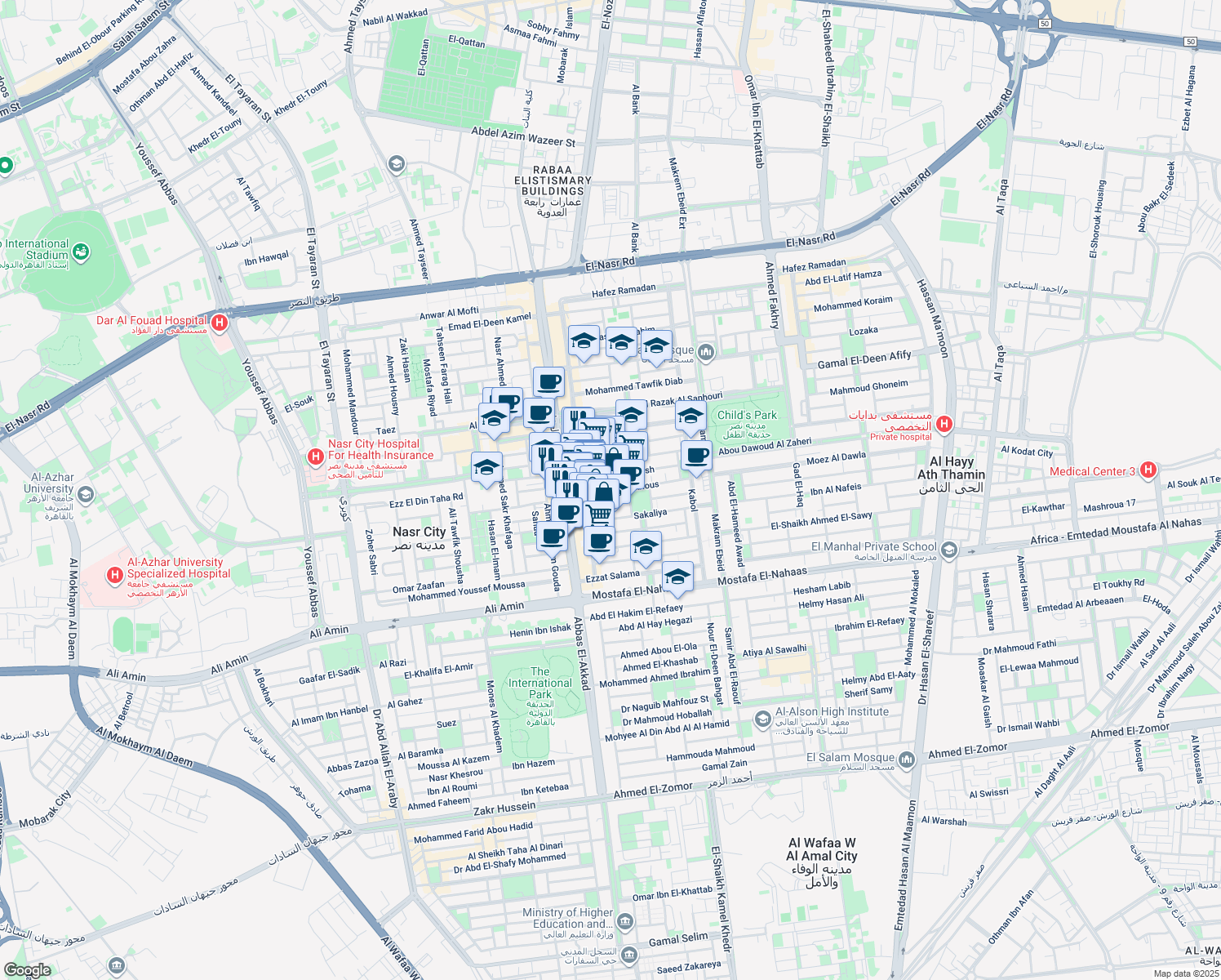 map of restaurants, bars, coffee shops, grocery stores, and more near in Nasr City