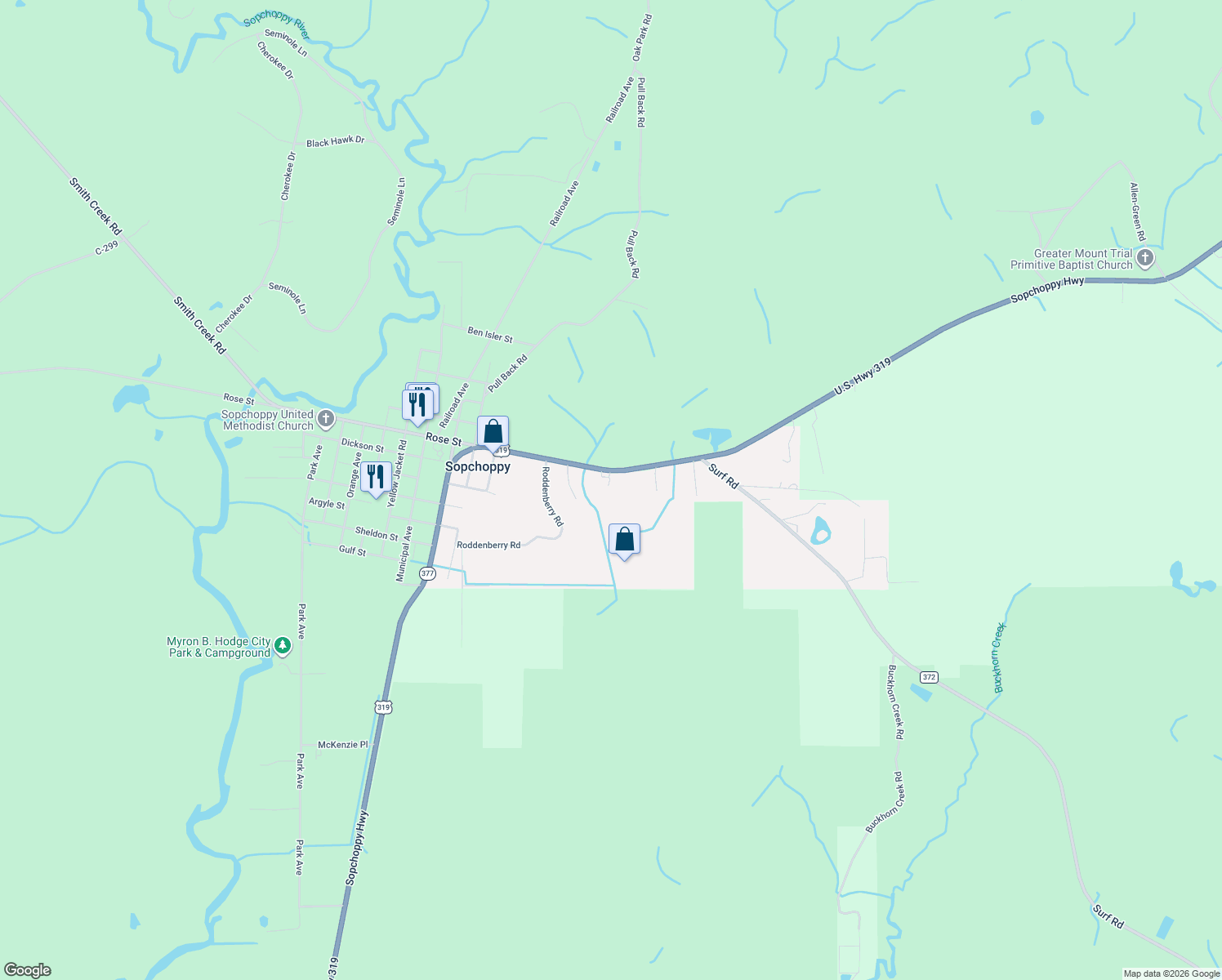 map of restaurants, bars, coffee shops, grocery stores, and more near 12 Allen Bell Road in Sopchoppy