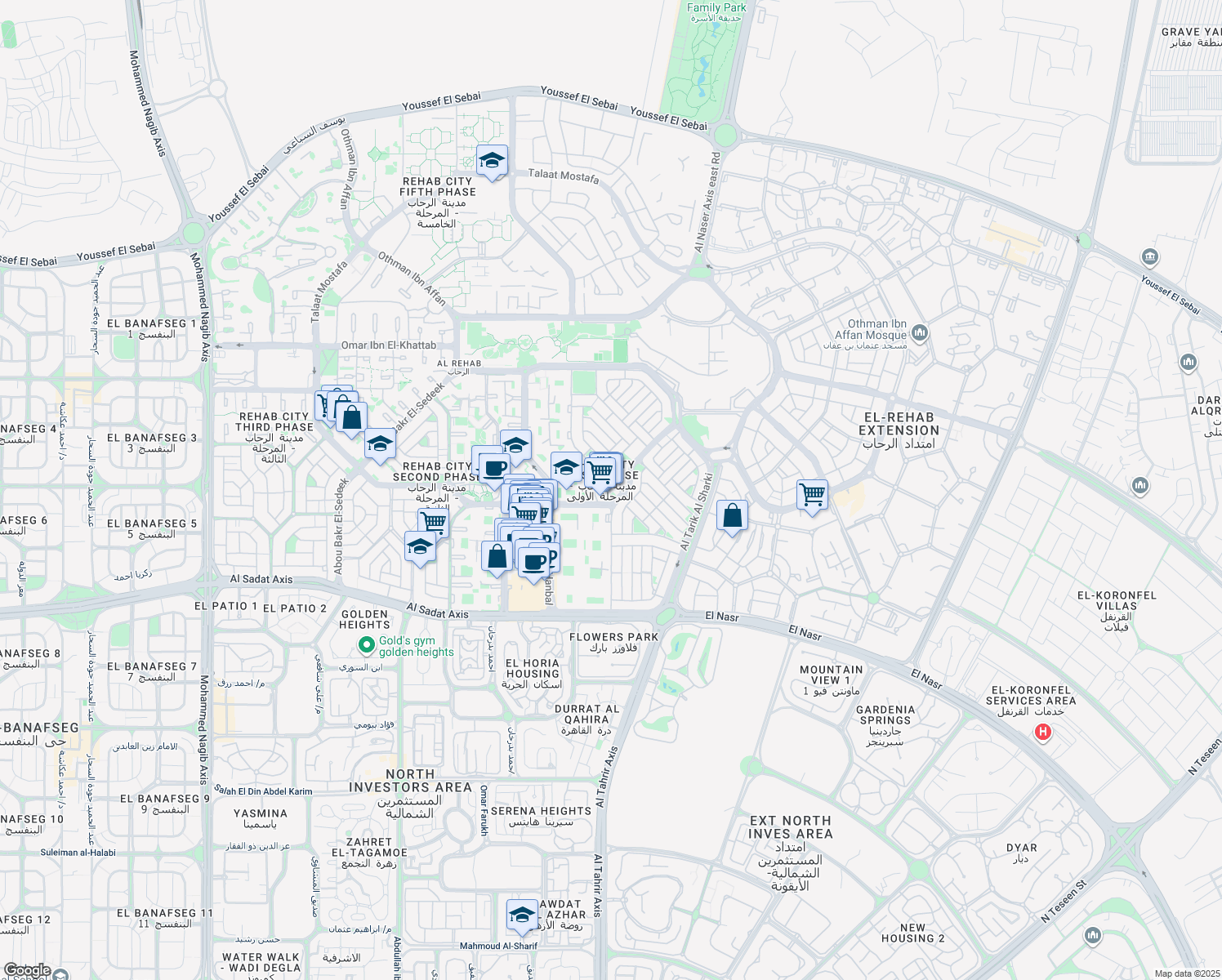 map of restaurants, bars, coffee shops, grocery stores, and more near in Second New Cairo
