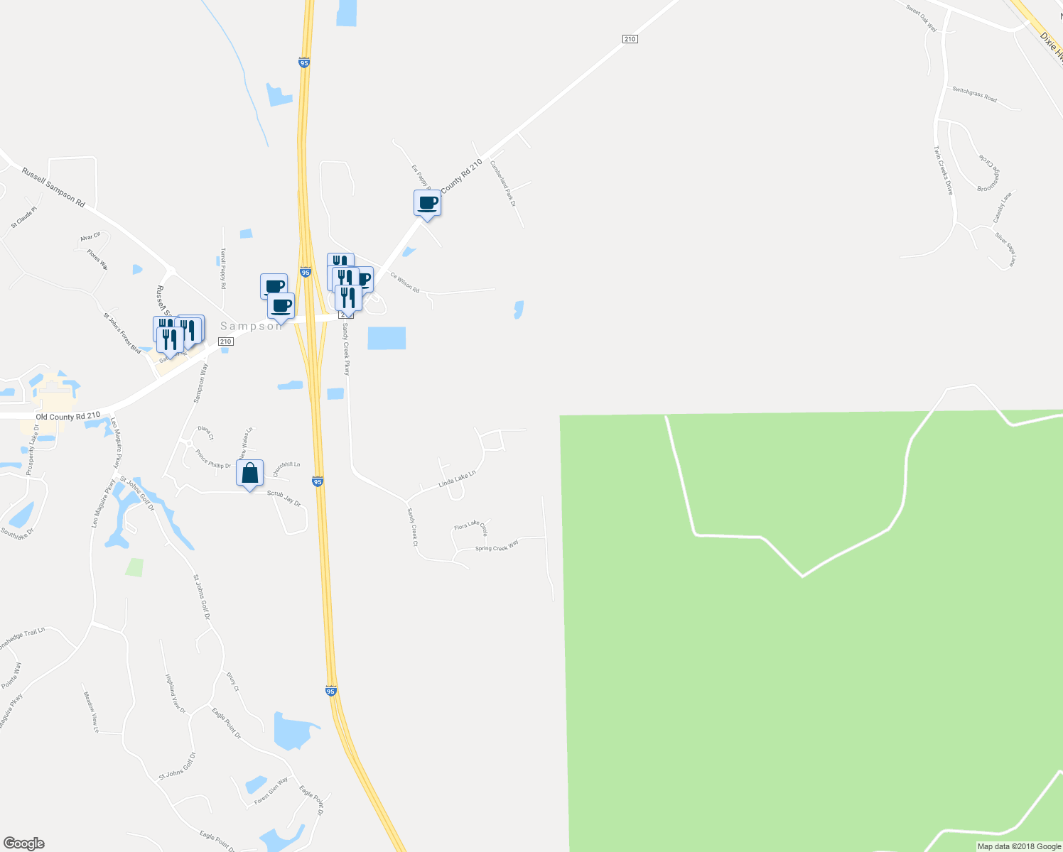 map of restaurants, bars, coffee shops, grocery stores, and more near 156 Savanna Preserve Court in St. Augustine