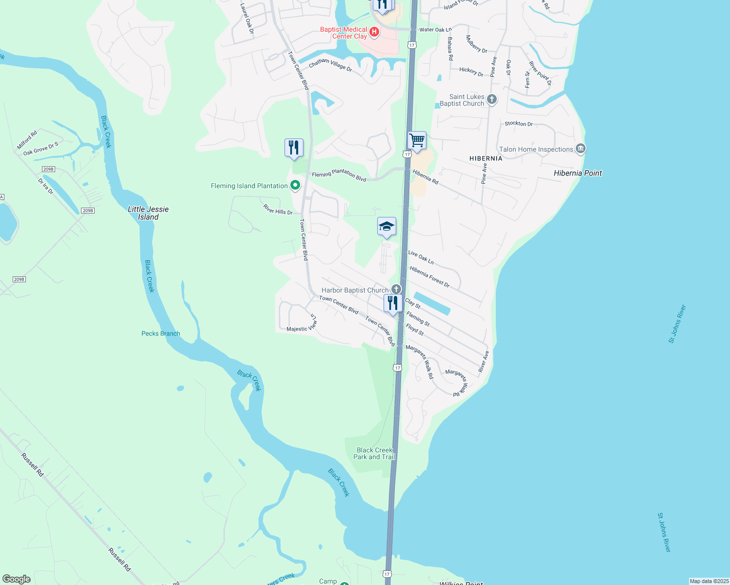 map of restaurants, bars, coffee shops, grocery stores, and more near 1210 Fleming Street in Fleming Island