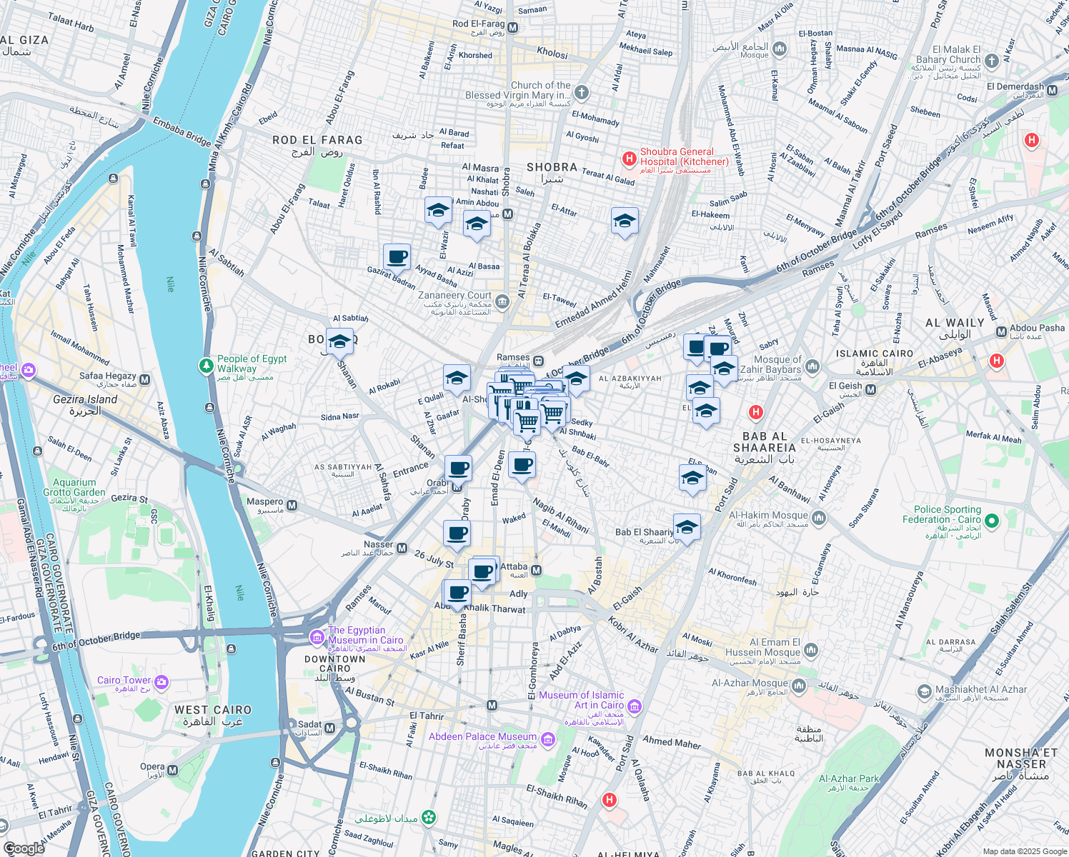 map of restaurants, bars, coffee shops, grocery stores, and more near 1 El-Gomhoreya in Al Azbakeya