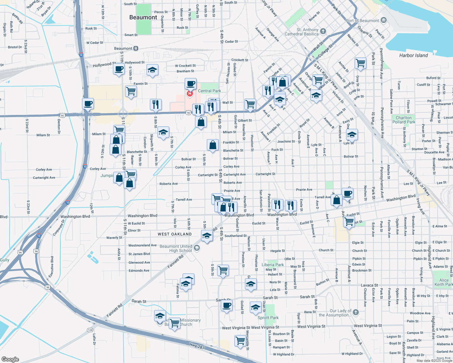 map of restaurants, bars, coffee shops, grocery stores, and more near 2690 San Jacinto Street in Beaumont