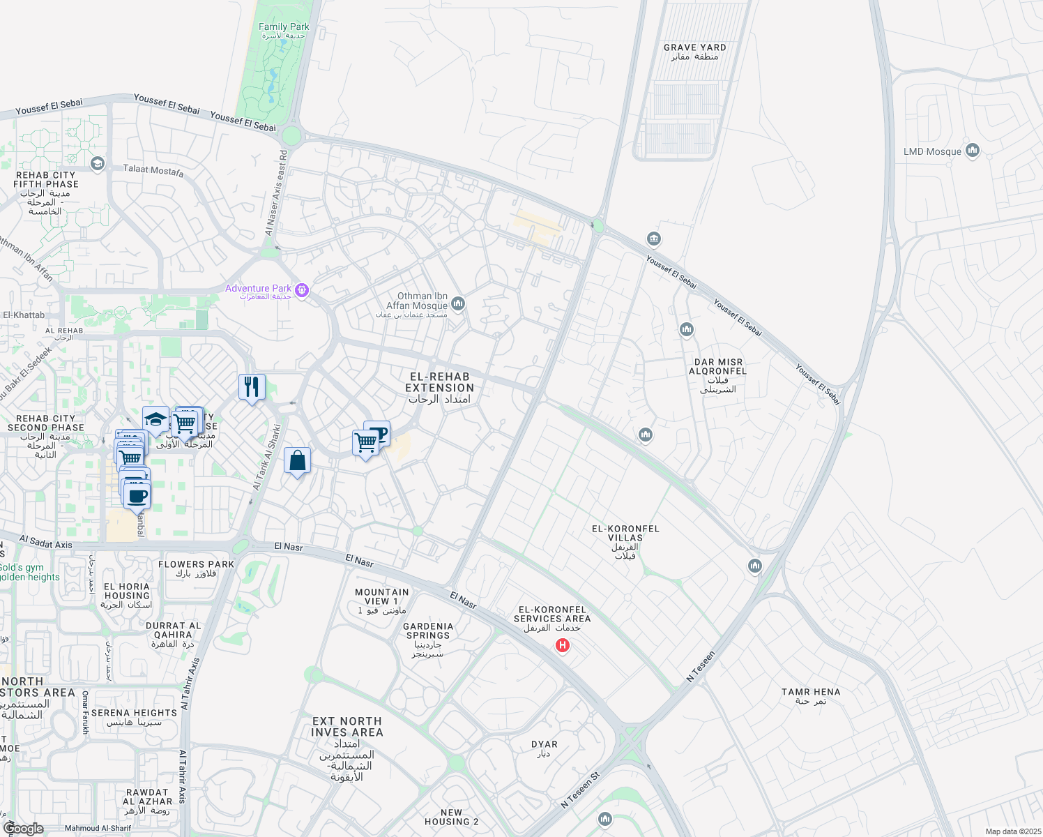 map of restaurants, bars, coffee shops, grocery stores, and more near in Second New Cairo