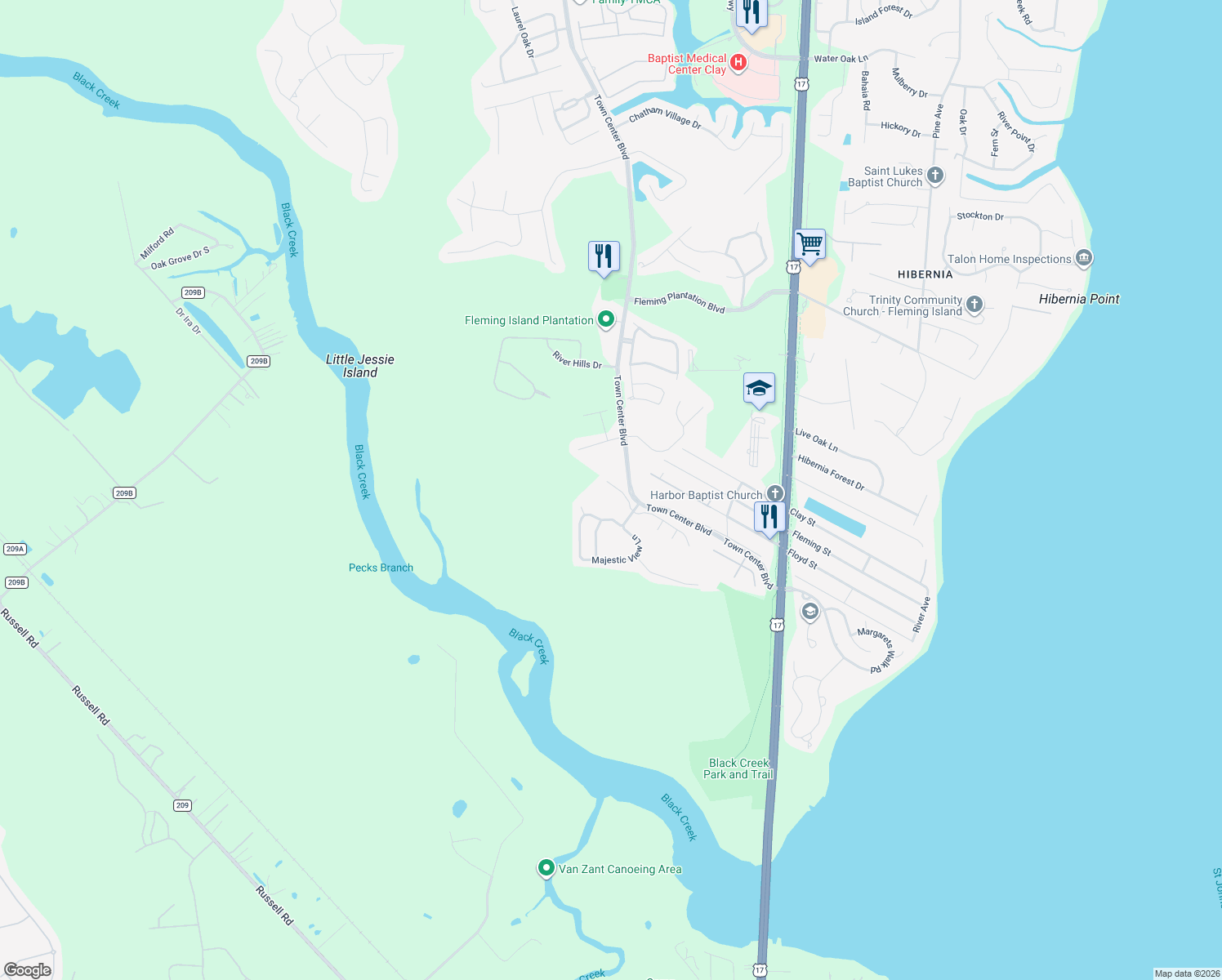 map of restaurants, bars, coffee shops, grocery stores, and more near 2509 Tall Cedars Rd in Orange Park