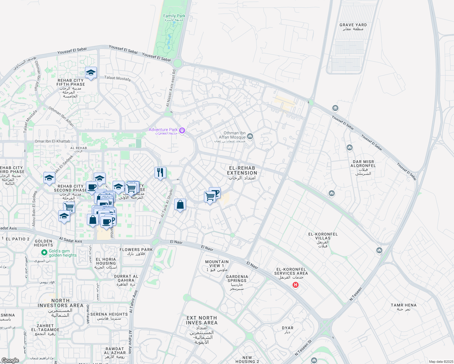 map of restaurants, bars, coffee shops, grocery stores, and more near in Second New Cairo