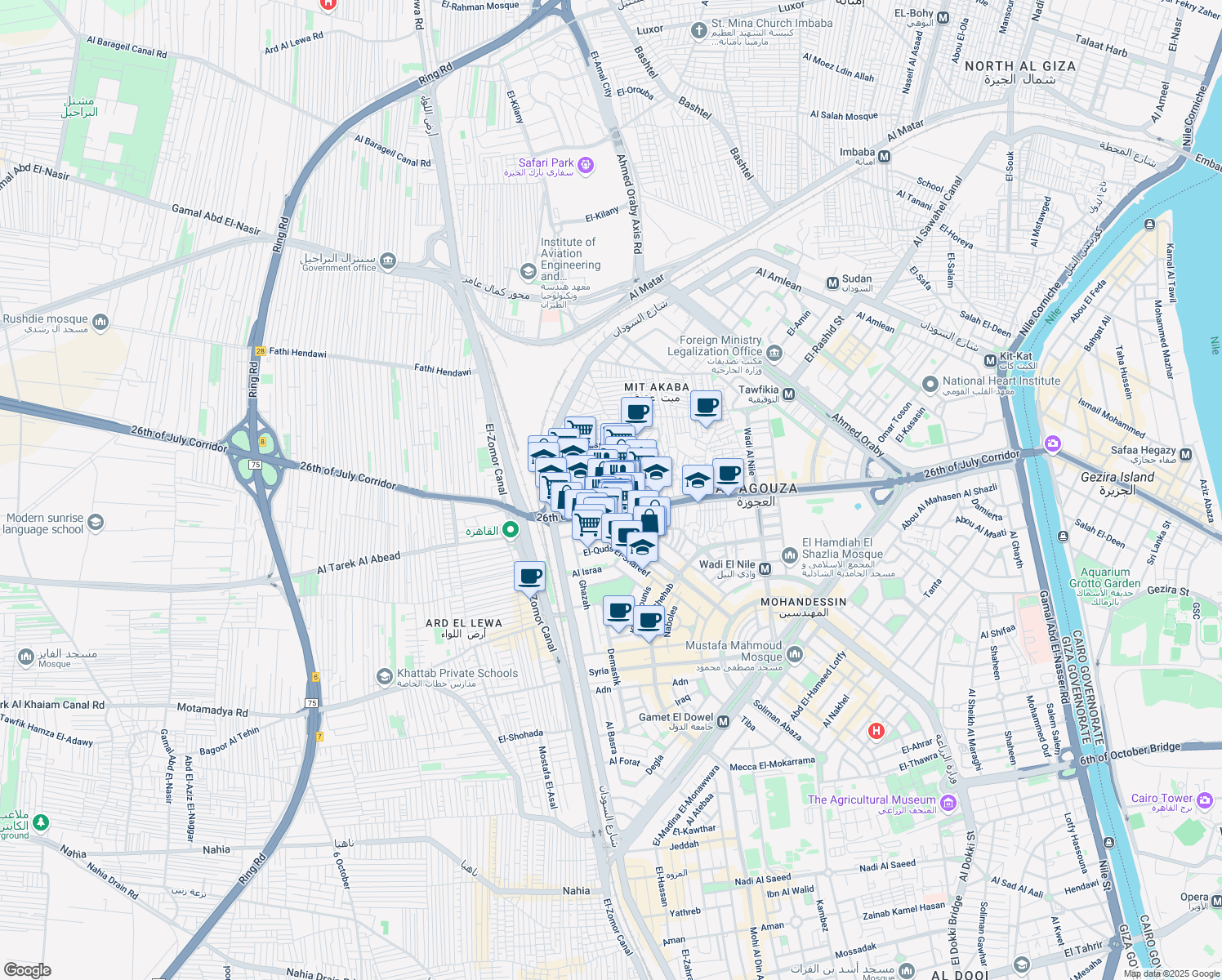 map of restaurants, bars, coffee shops, grocery stores, and more near in El Omraniya