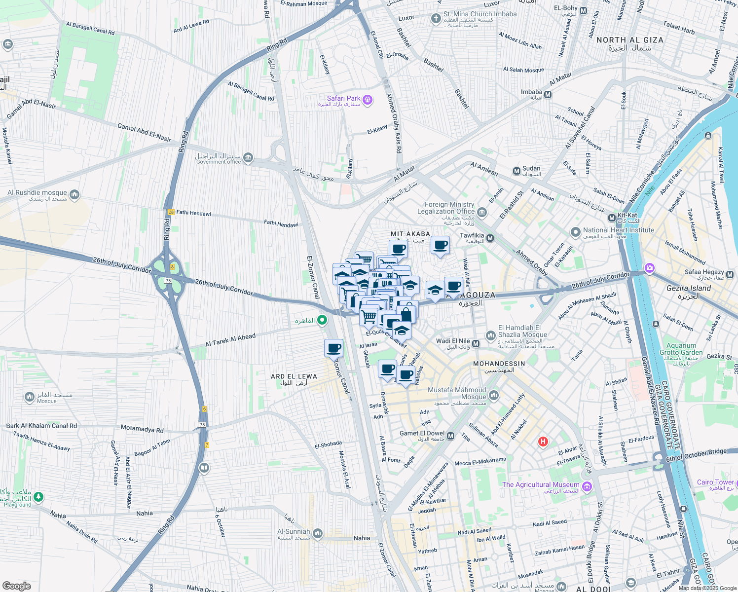 map of restaurants, bars, coffee shops, grocery stores, and more near 12 El-Gihad in Agouza