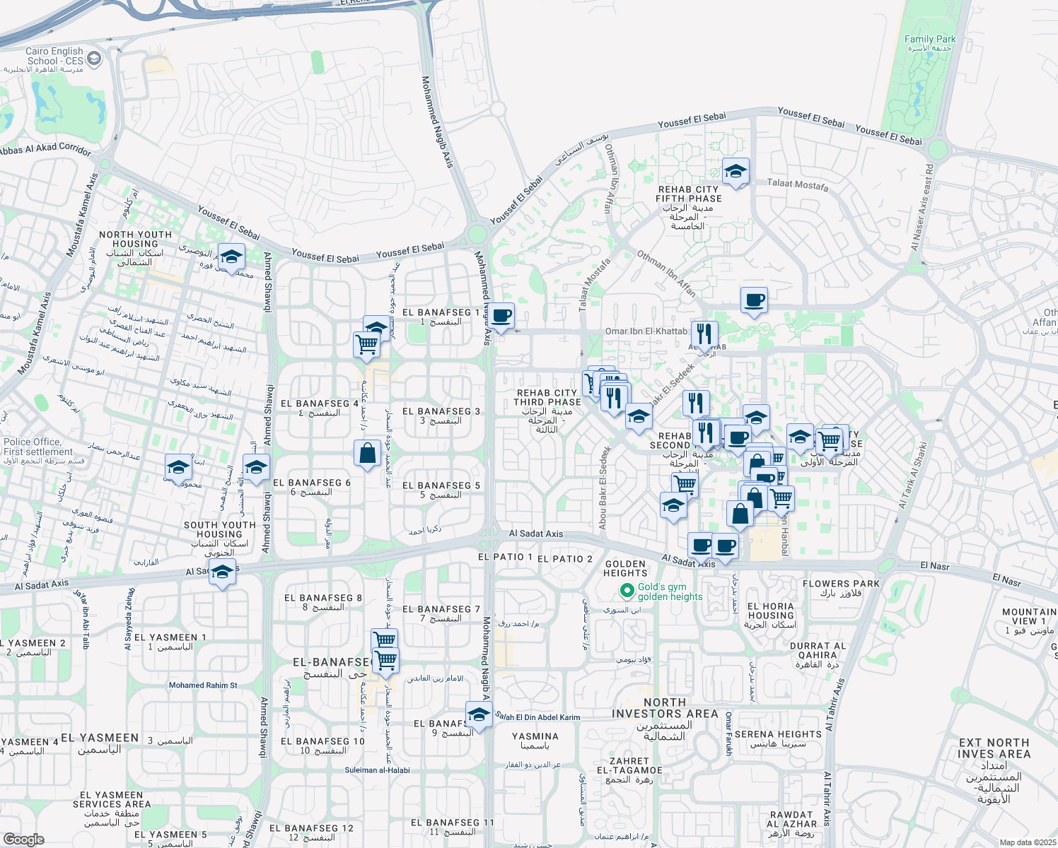 map of restaurants, bars, coffee shops, grocery stores, and more near in Second New Cairo