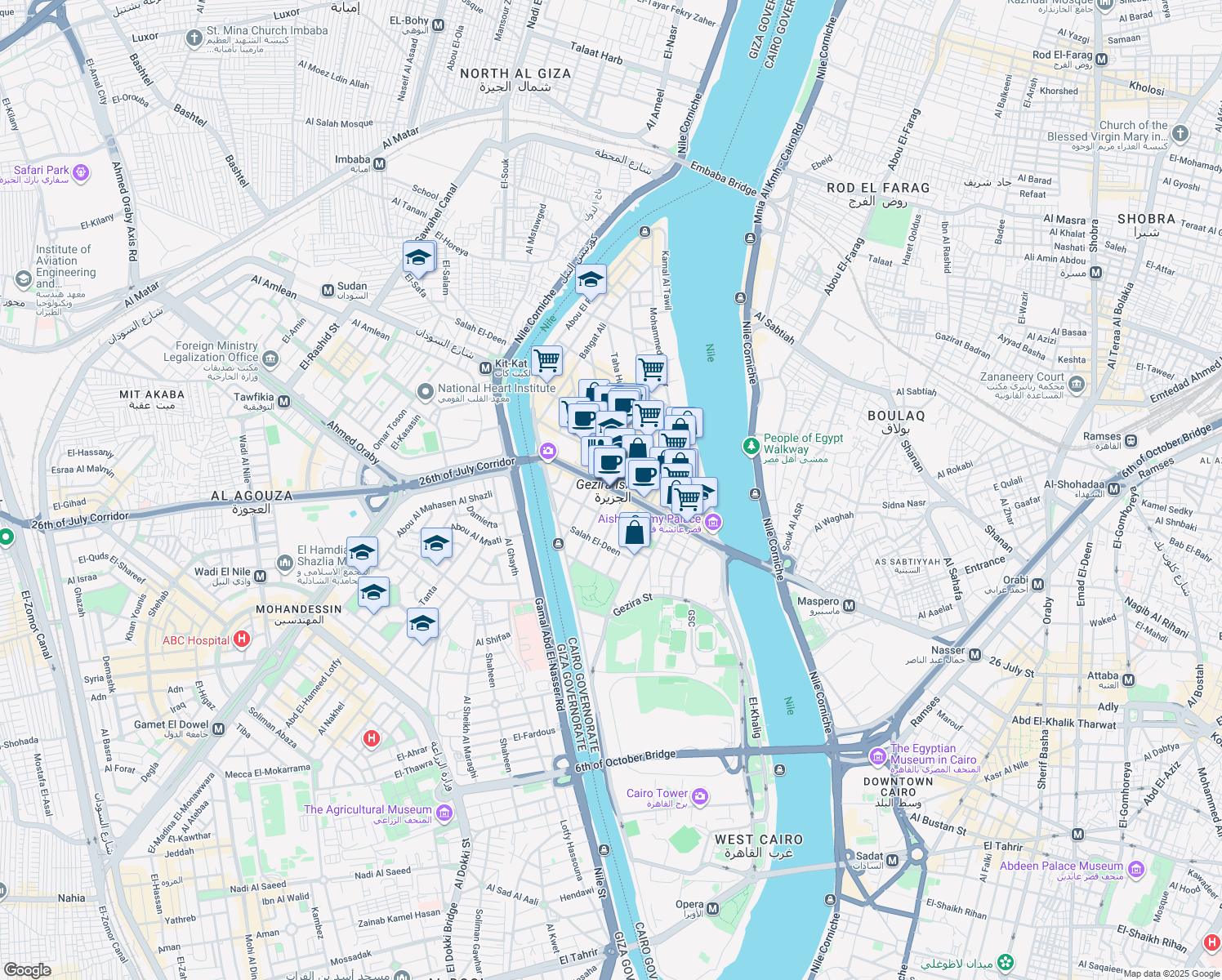 map of restaurants, bars, coffee shops, grocery stores, and more near in Zamalek