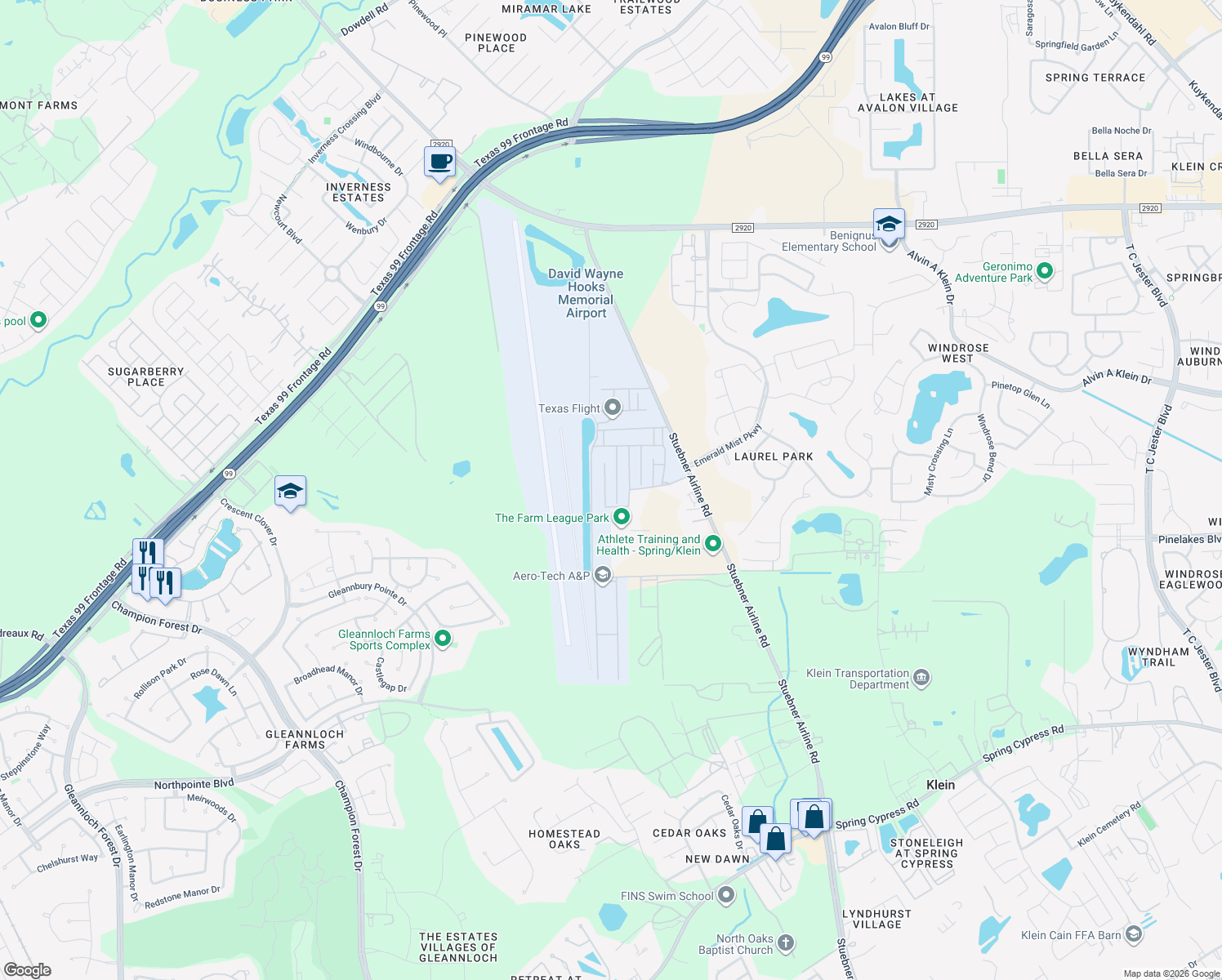 map of restaurants, bars, coffee shops, grocery stores, and more near 7814 Eagle Lane in Spring