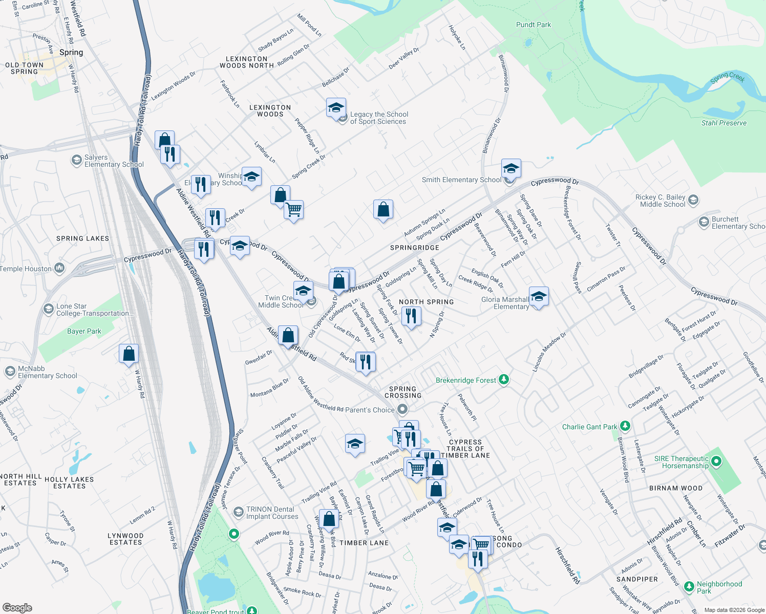 map of restaurants, bars, coffee shops, grocery stores, and more near 24202 Spring Towne Drive in Spring