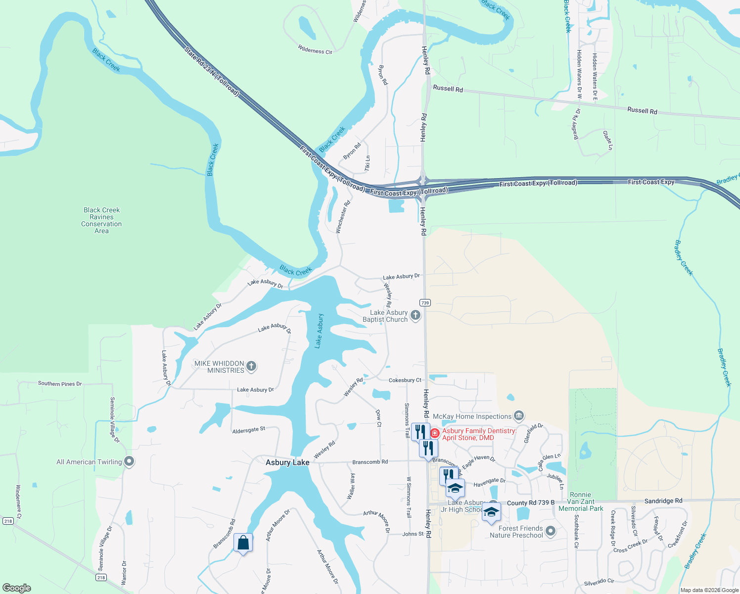 map of restaurants, bars, coffee shops, grocery stores, and more near 200 Circuit Rider Road in Green Cove Springs