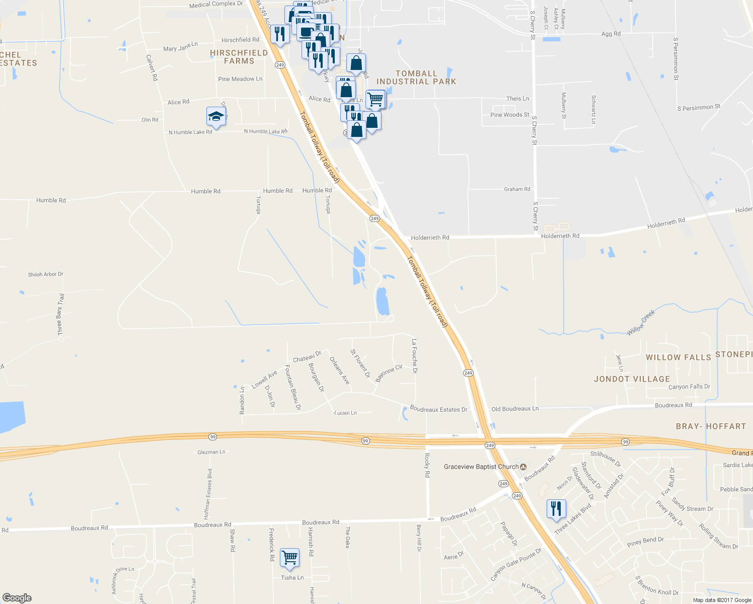 map of restaurants, bars, coffee shops, grocery stores, and more near 27203 Texas 249 in Tomball