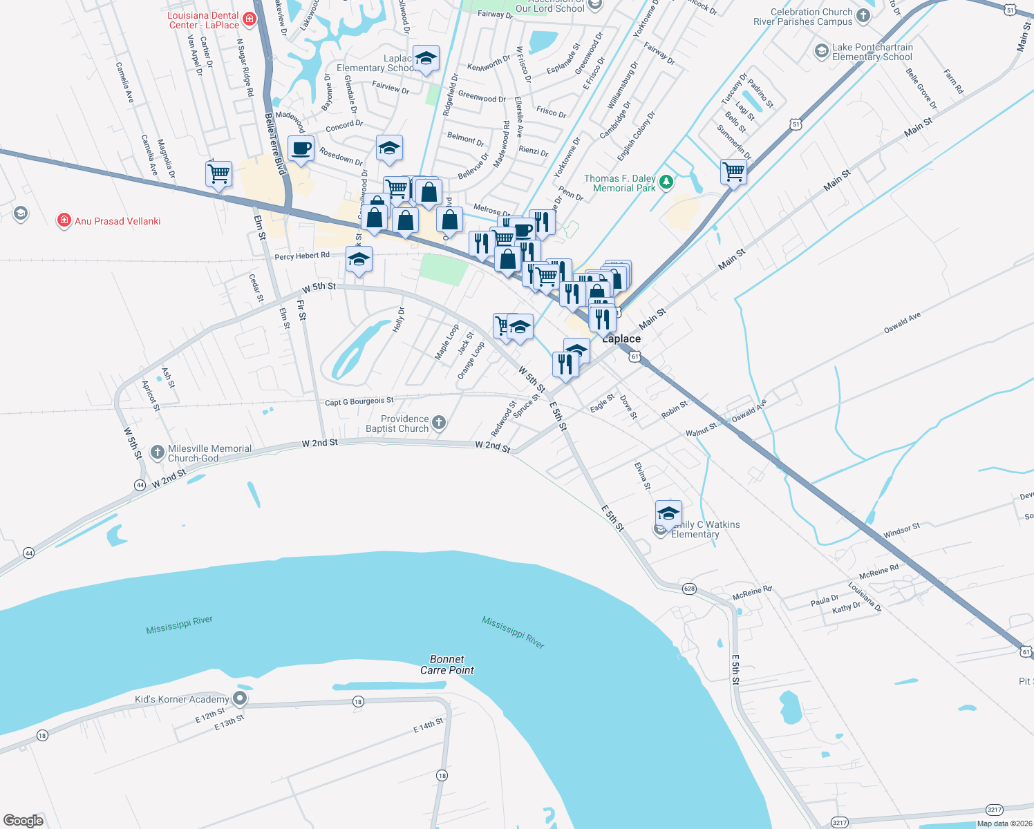 map of restaurants, bars, coffee shops, grocery stores, and more near 228 Spruce Street in LaPlace