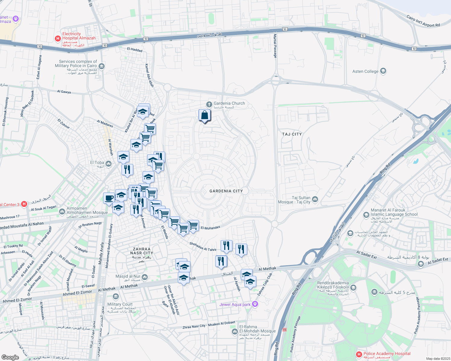 map of restaurants, bars, coffee shops, grocery stores, and more near in Nasr City