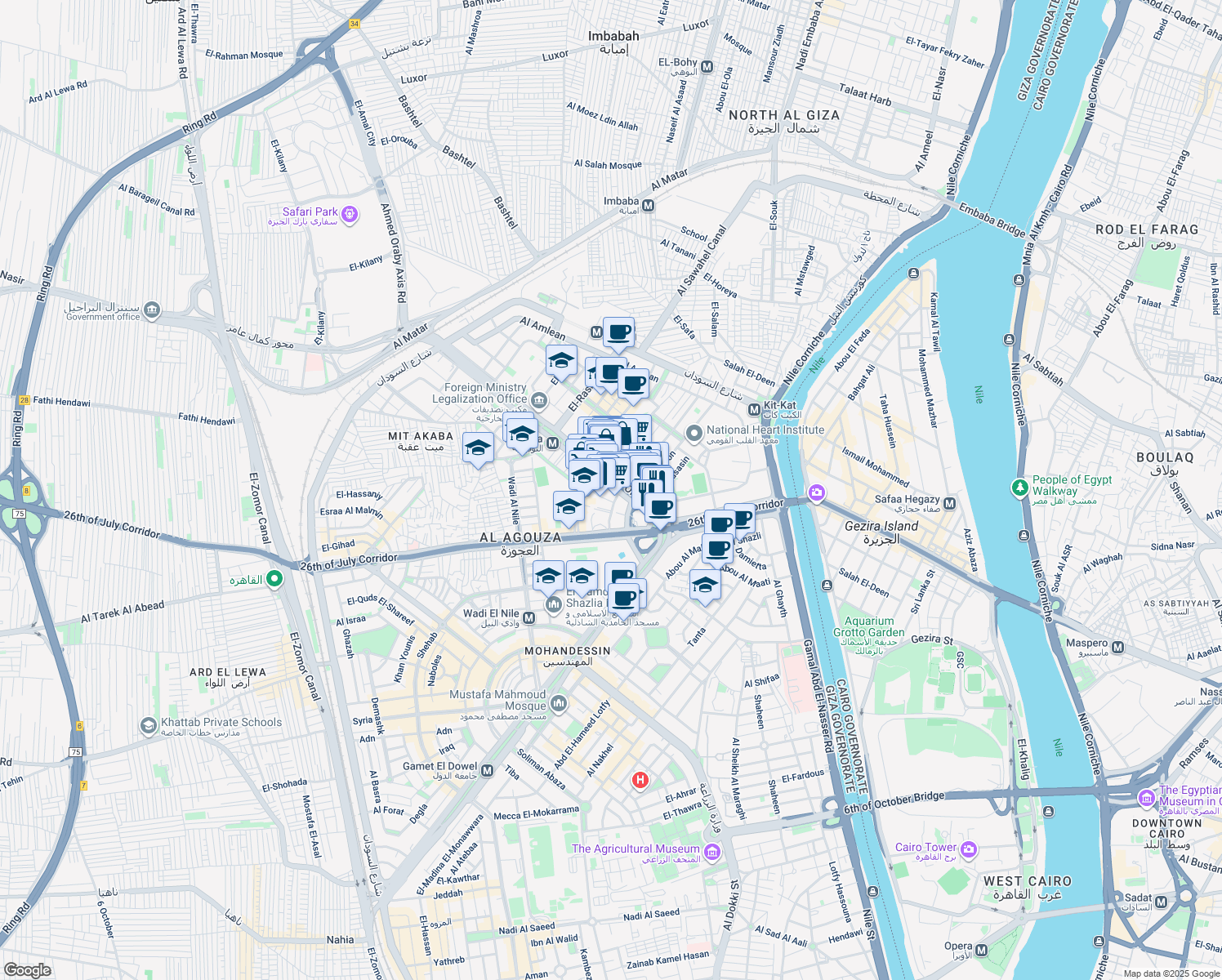 map of restaurants, bars, coffee shops, grocery stores, and more near Ahmed Oraby in Agouza