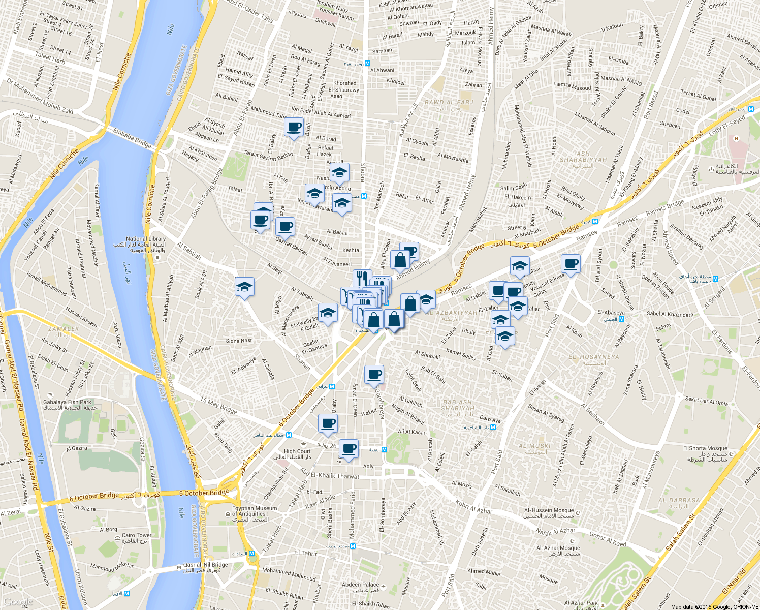 map of restaurants, bars, coffee shops, grocery stores, and more near Ramsis Square in Al Azbakeyah