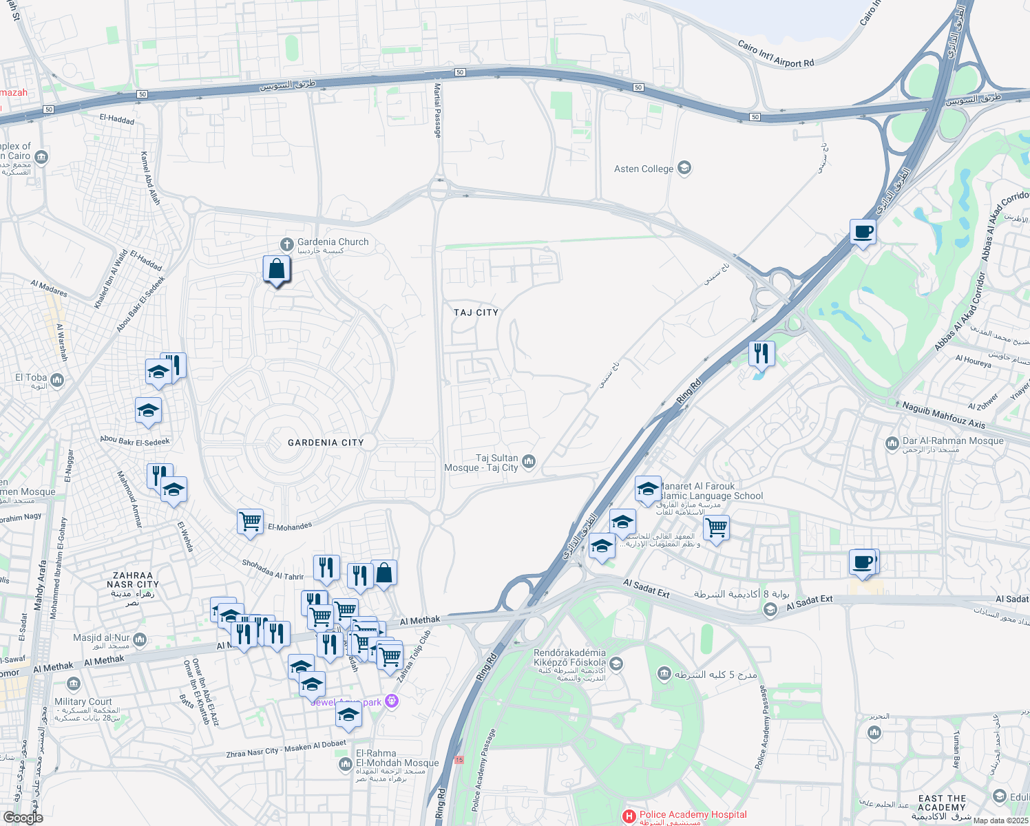 map of restaurants, bars, coffee shops, grocery stores, and more near in Nasr City
