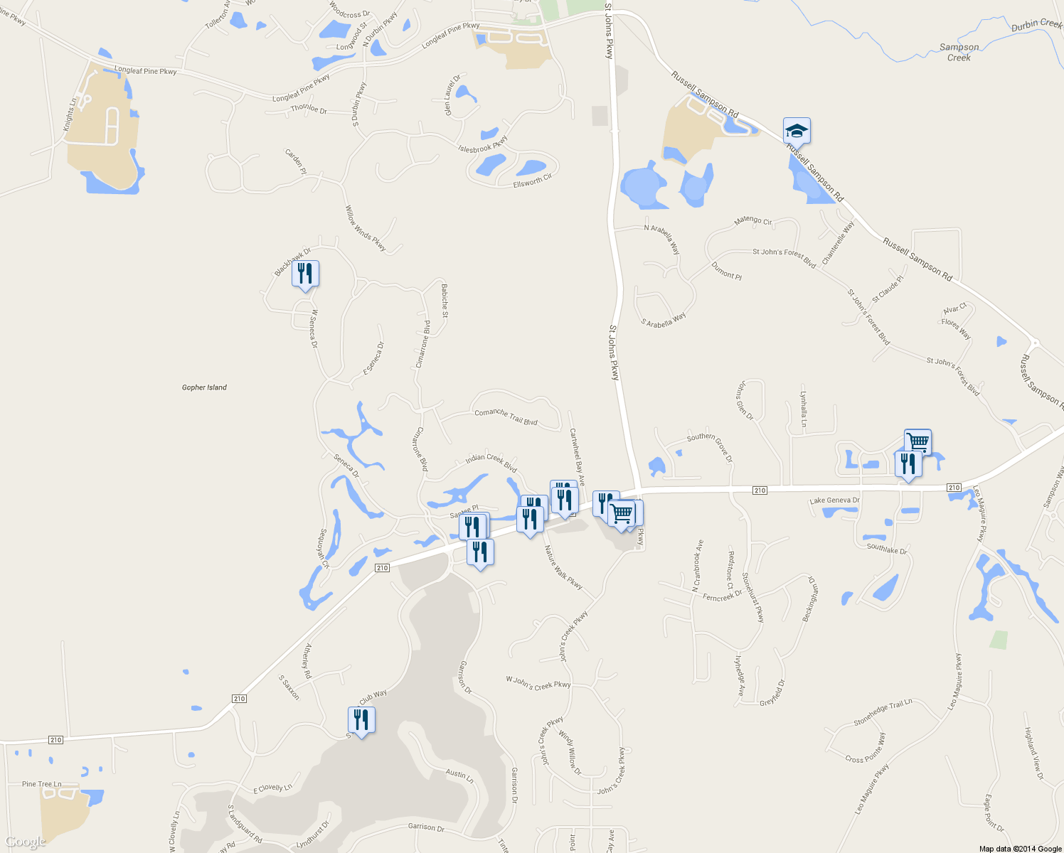map of restaurants, bars, coffee shops, grocery stores, and more near 4417 Comanche Trail Blvd in Jacksonville