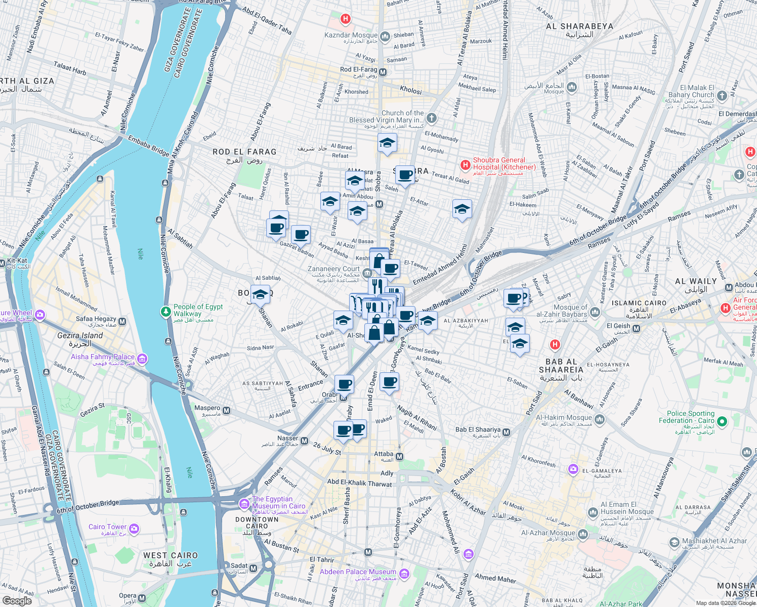 map of restaurants, bars, coffee shops, grocery stores, and more near Kobri Al Lymoon in Al Azbakeyah