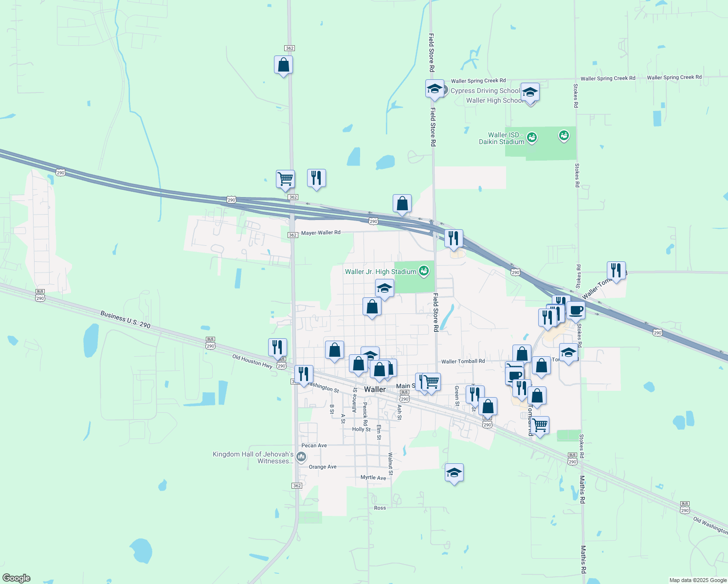 map of restaurants, bars, coffee shops, grocery stores, and more near 2017 Penick Road in Waller