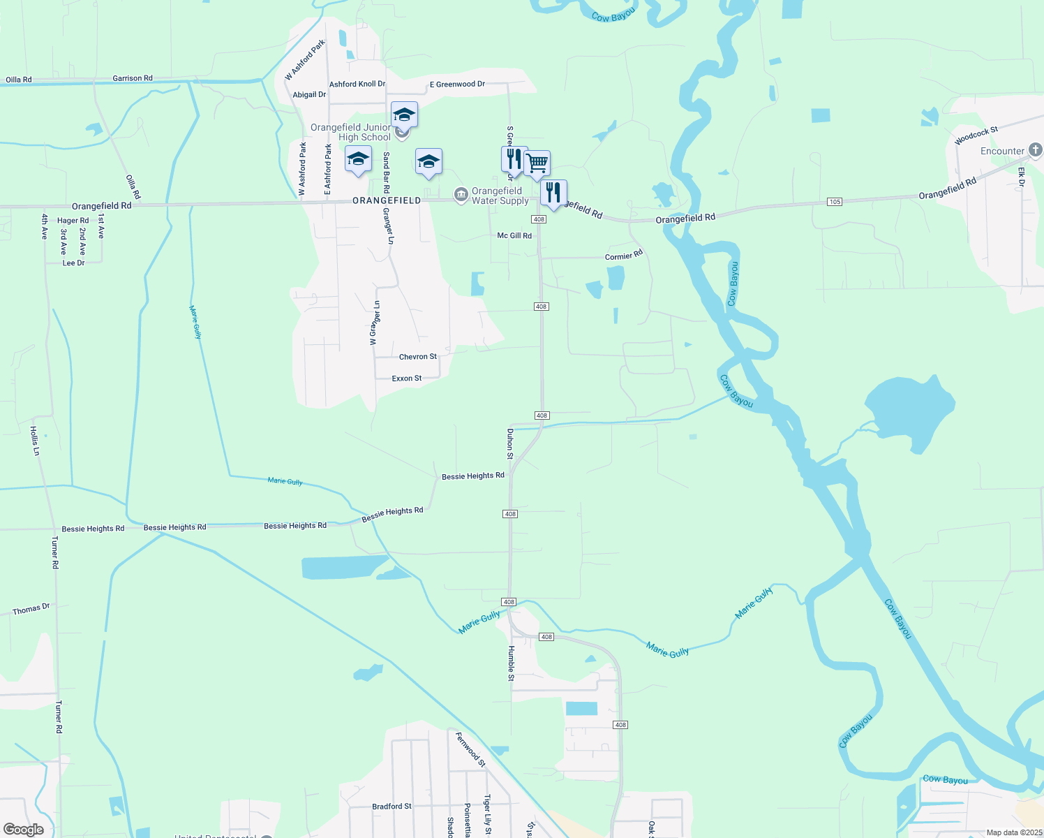 map of restaurants, bars, coffee shops, grocery stores, and more near 6364 Duhon Street in Orange